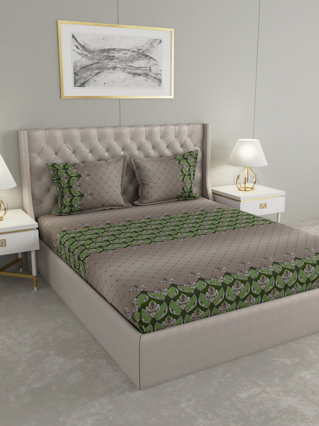 Raymond Home Grey & Green Ethnic Motifs Cotton 140 TC King Bedsheet with 2 Pillow Covers Price in India