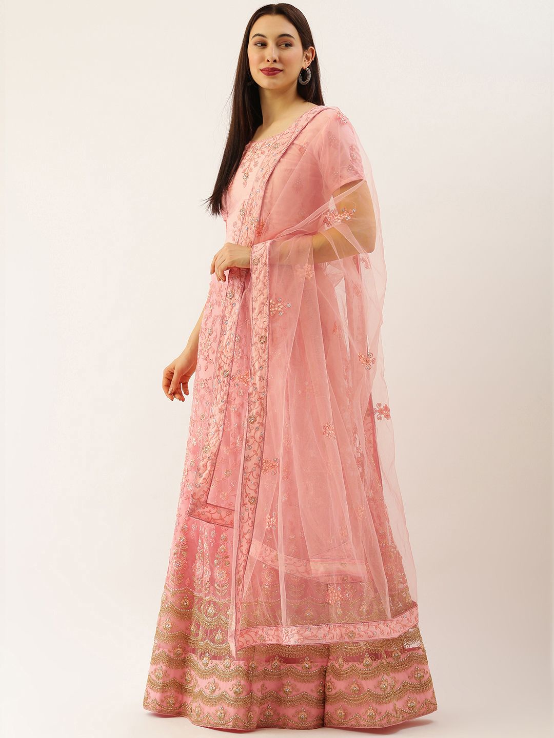 LADUSAA Pink Embroidered Semi-Stitched Lehenga & Unstitched Blouse With Dupatta Price in India