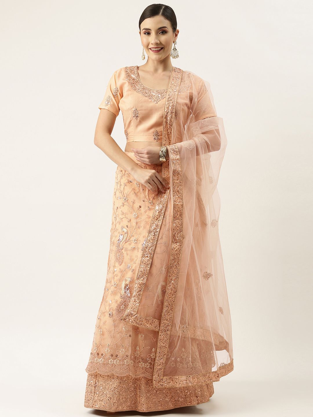 LADUSAA Peach-Coloured Embroidered Semi-Stitched Lehenga & Unstitched Blouse With Dupatta Price in India