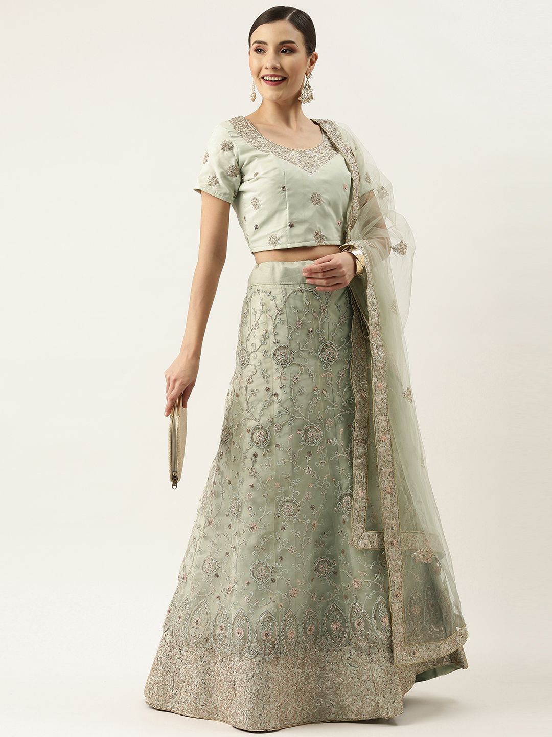 LADUSAA Green Embroidered Semi-Stitched Lehenga & Unstitched Blouse With Dupatta Price in India