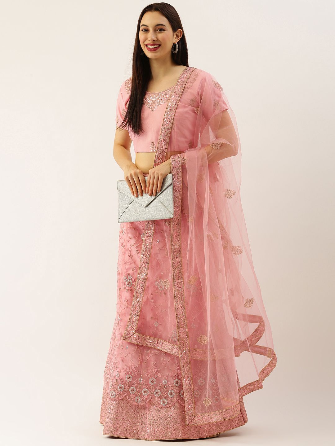 LADUSAA Pink Embroidered Semi-Stitched Lehenga & Unstitched Blouse With Dupatta Price in India