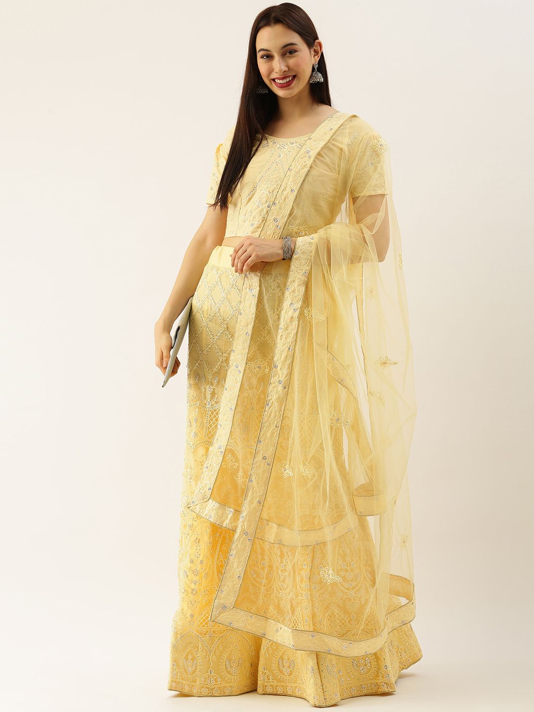 LADUSAA Yellow Embroidered Semi-Stitched Lehenga & Unstitched Blouse With Dupatta Price in India