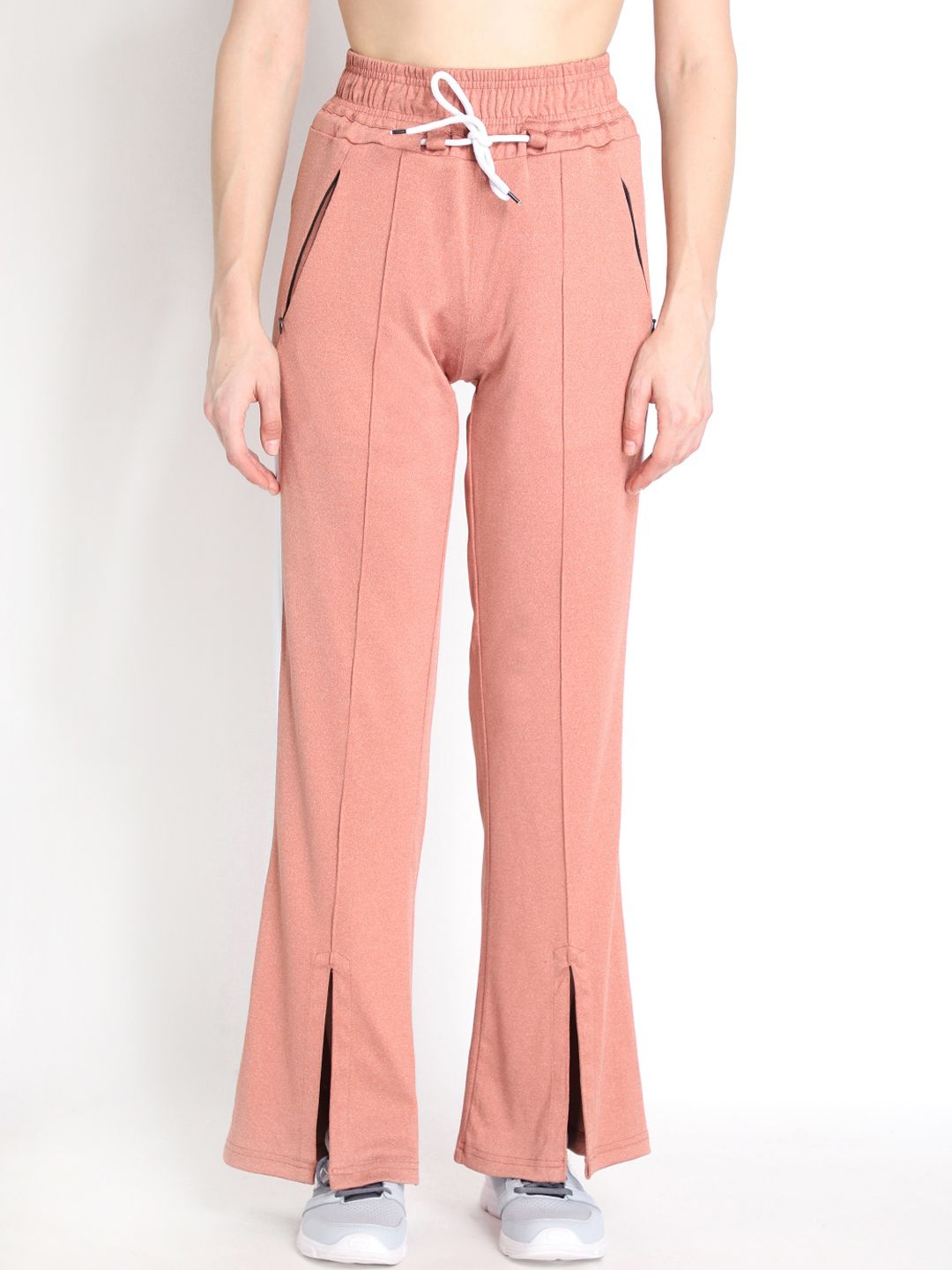 Chkokko Woman Peach-Coloured & White Solid Bootcut Track Pants Price in India