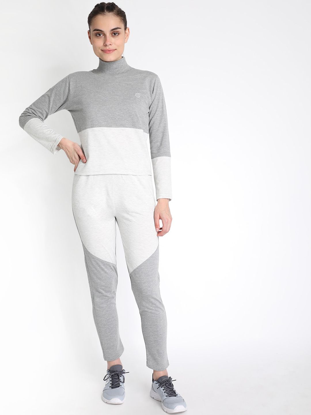 Chkokko Women Grey & White Colourblocked Cotton Tracksuit Price in India