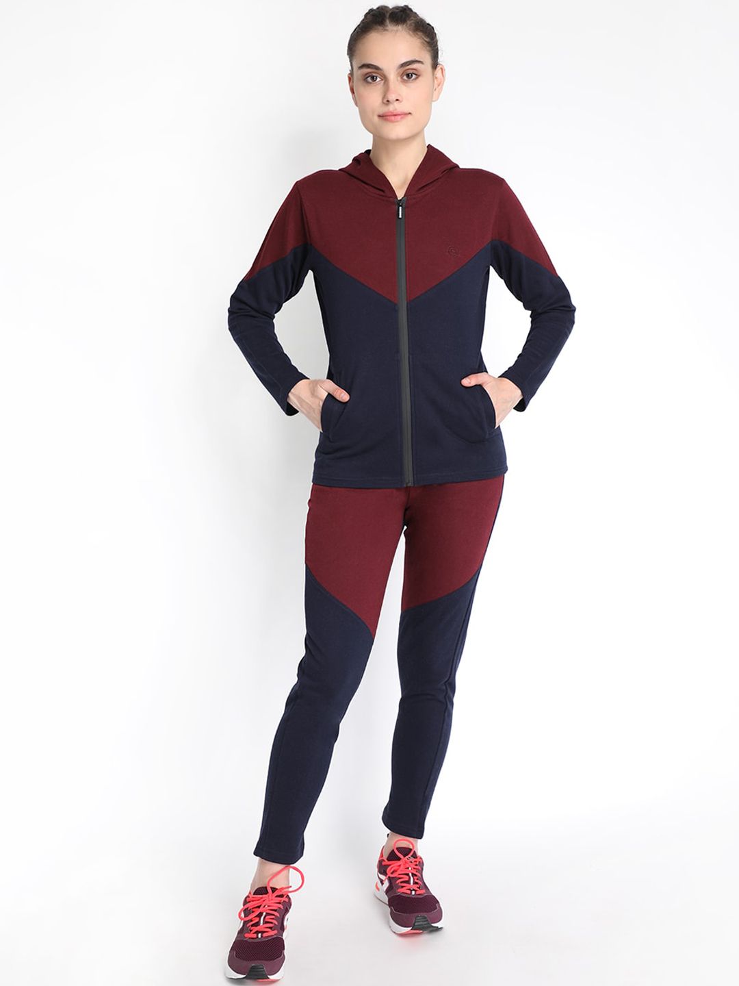 Chkokko Women Maroon & Navy-Blue Colourblocked Tracksuit Price in India