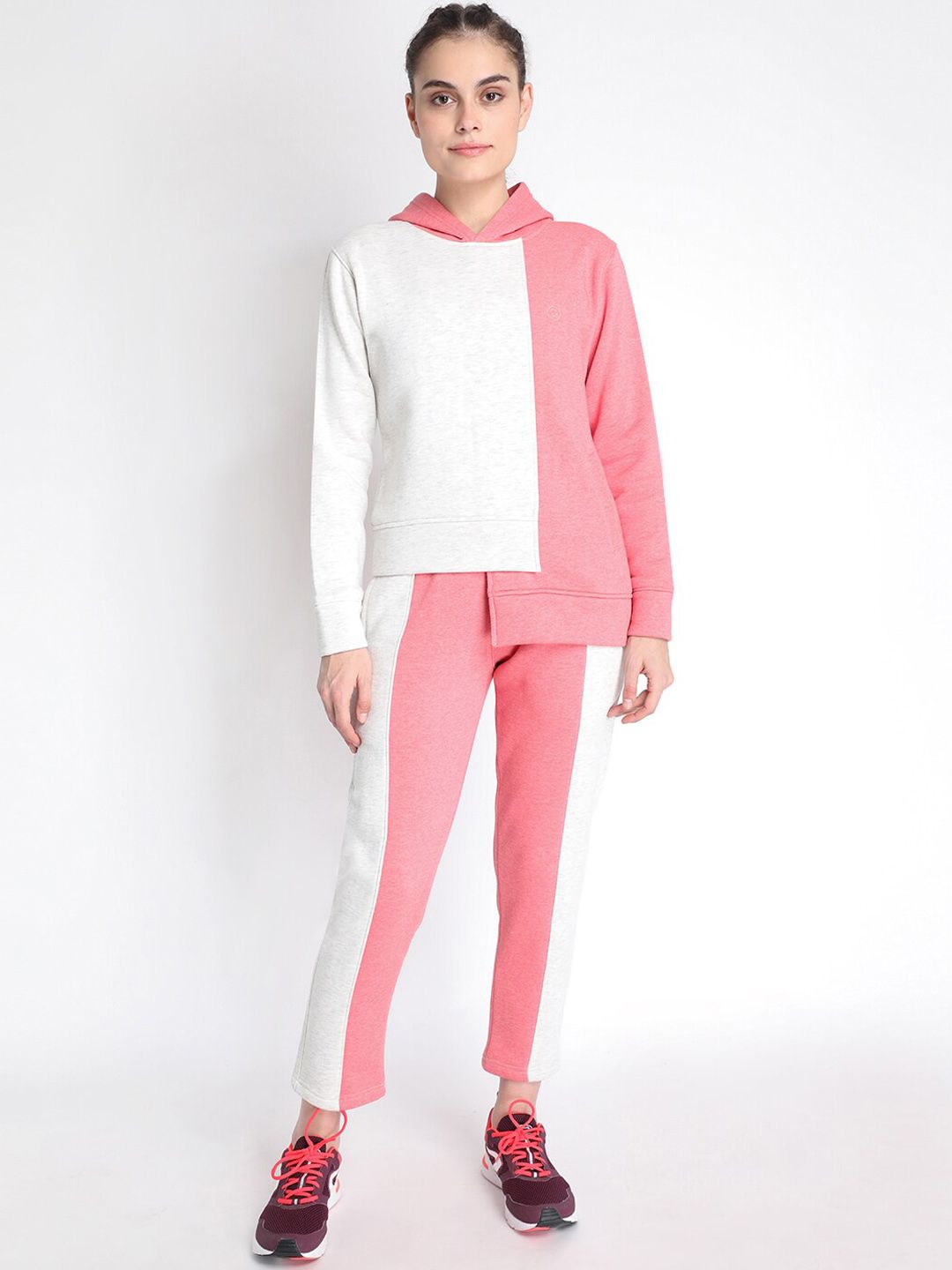 Chkokko Women Off White & Pink Colourblocked Tracksuit Price in India