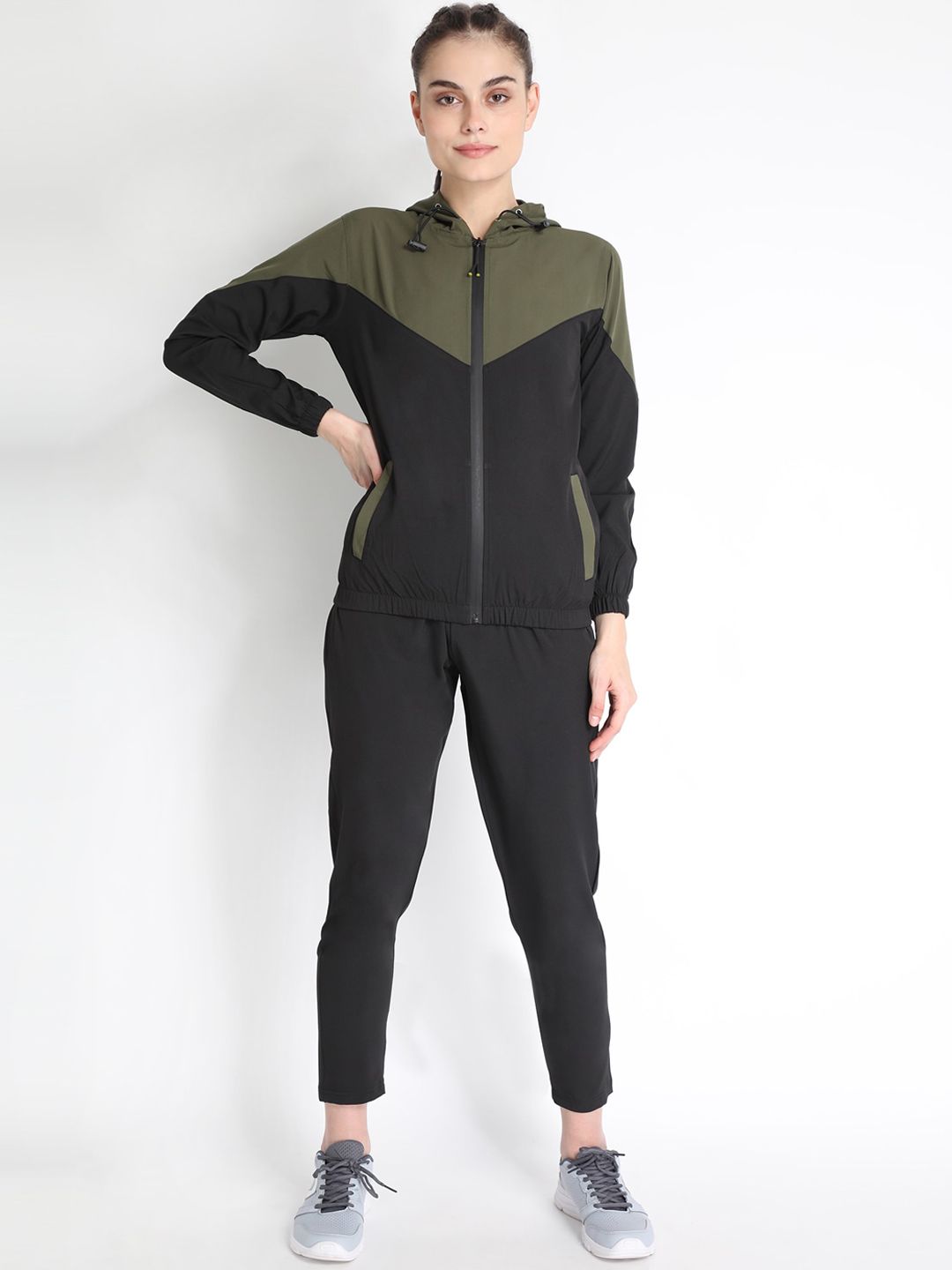 Chkokko Woman Olive Green & Black Colorblocked Tracksuit Price in India