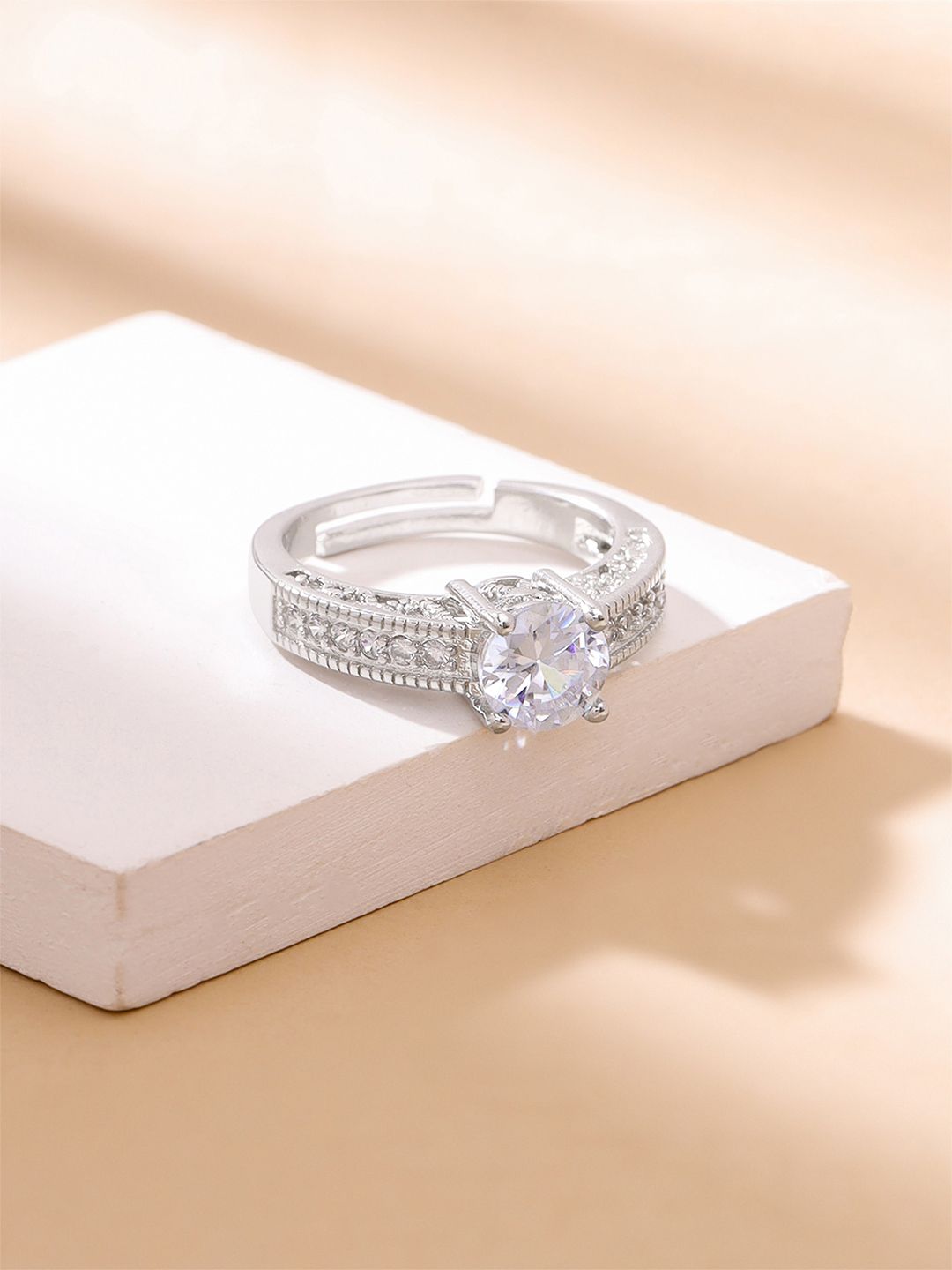 Silver-Plated Crystal Studded Finger Ring Yellow Chimes Silver-Plated Crystal Studded Finger Ring