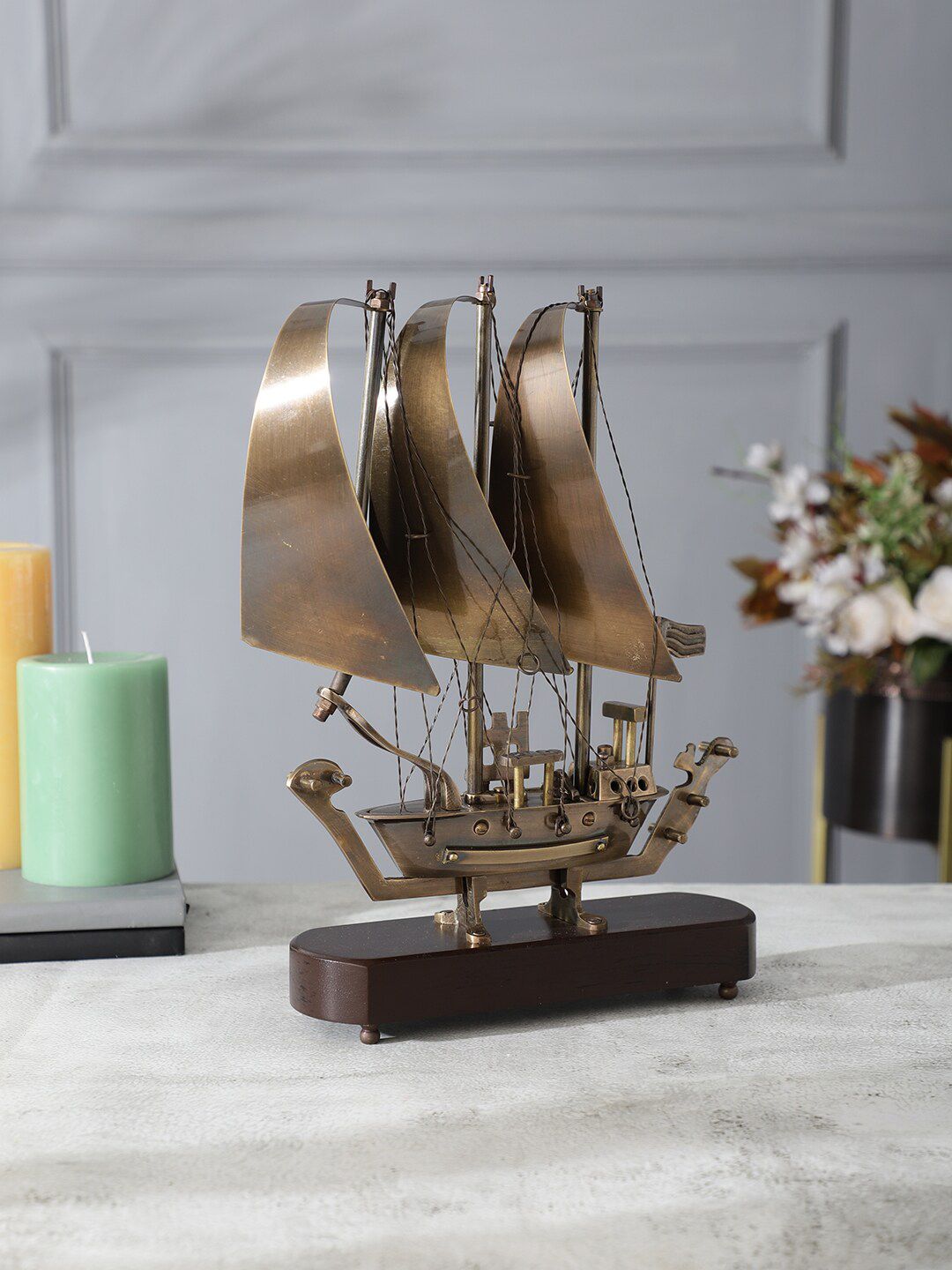 EXIM DECOR Gold Toned Brass & Wood Antique Sailing Nautical Ship Showpiece Price in India