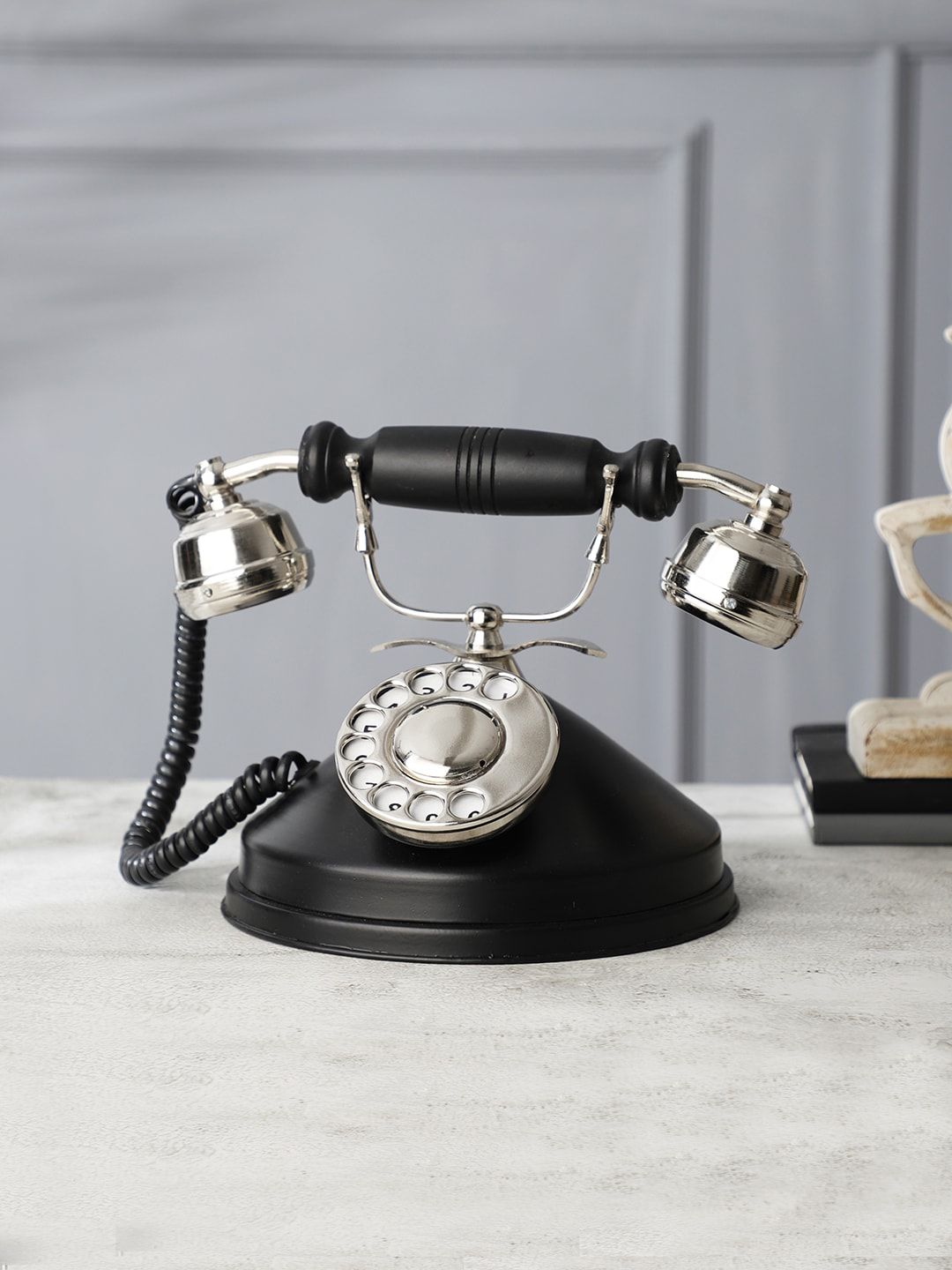 EXIM DECOR Black & Silver-Toned Antique Round Base Dummy Telephone Showpiece Price in India