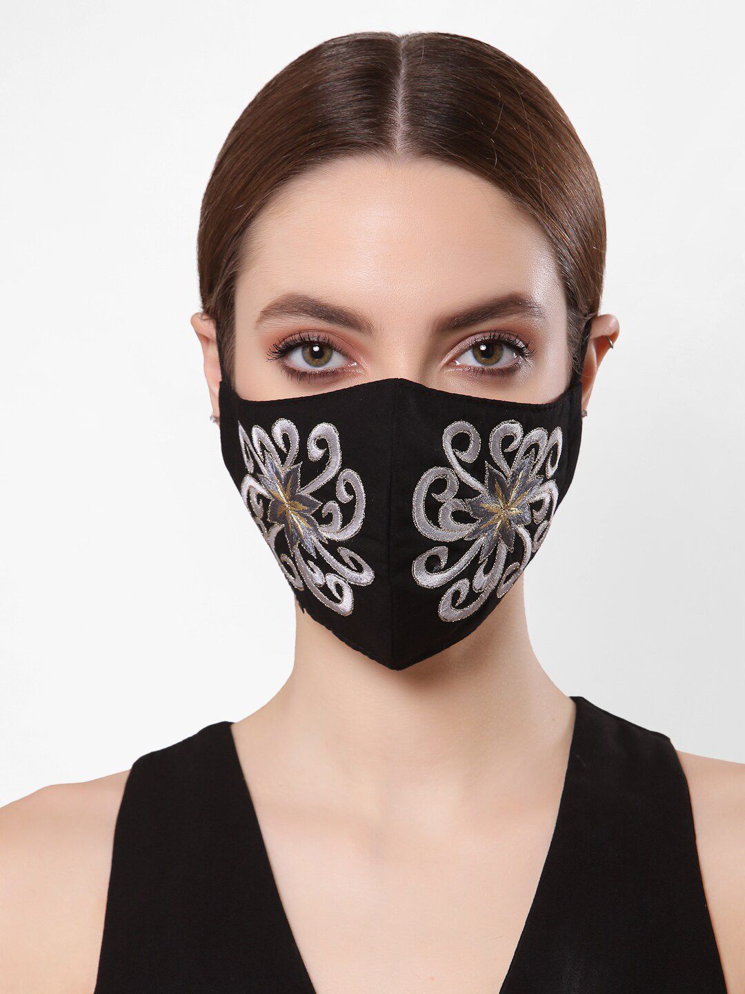 Anekaant Women Black & Silver Embroidered Cotton 3-Ply Reusable Cloth Mask Price in India