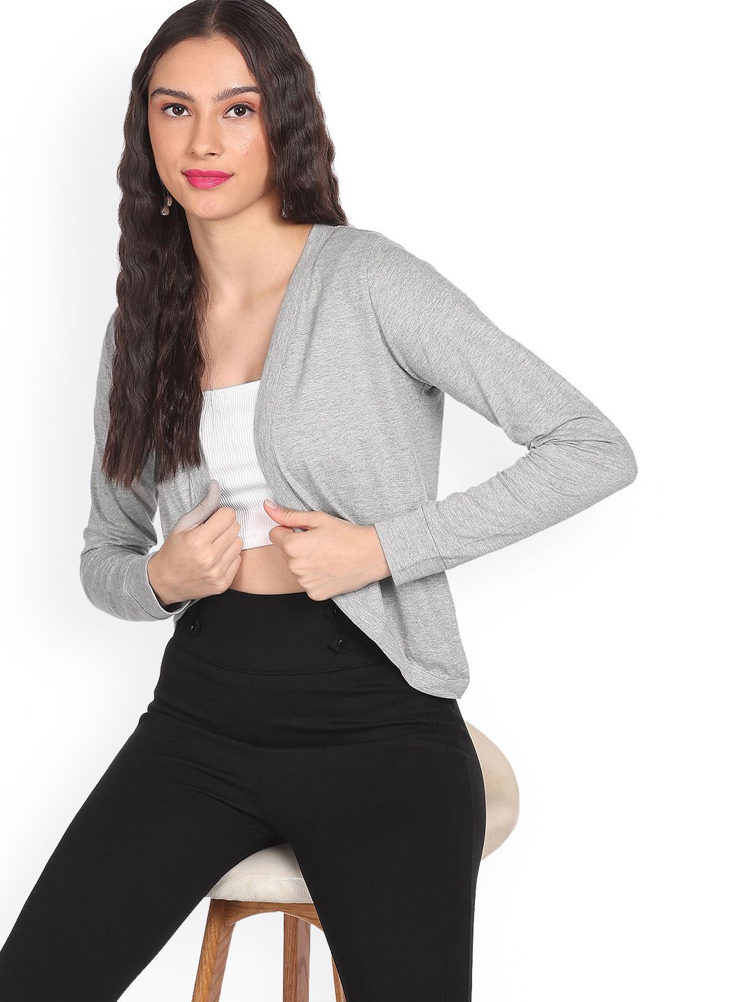 Sugr Women Grey Open Front Solid Shrug Price in India
