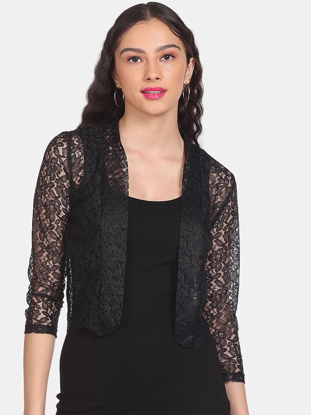 Sugr Women Black Open Front Lace Shrug Price in India