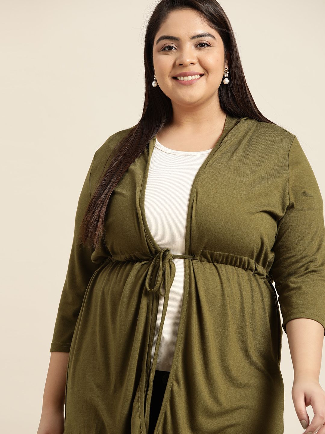 Sztori Women Plus Size Olive Green Longline Tie-Up Hooded Shrug Price in India