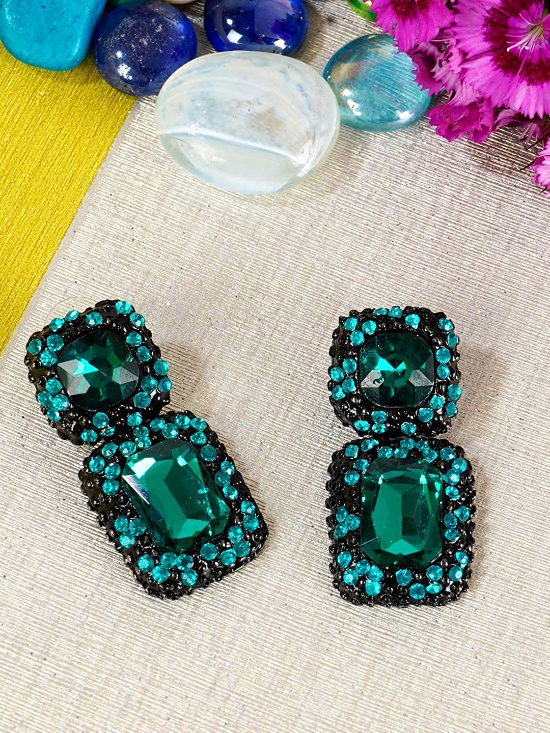 Yellow Chimes Green Square Crystal-Studded Drop Earrings Price in India
