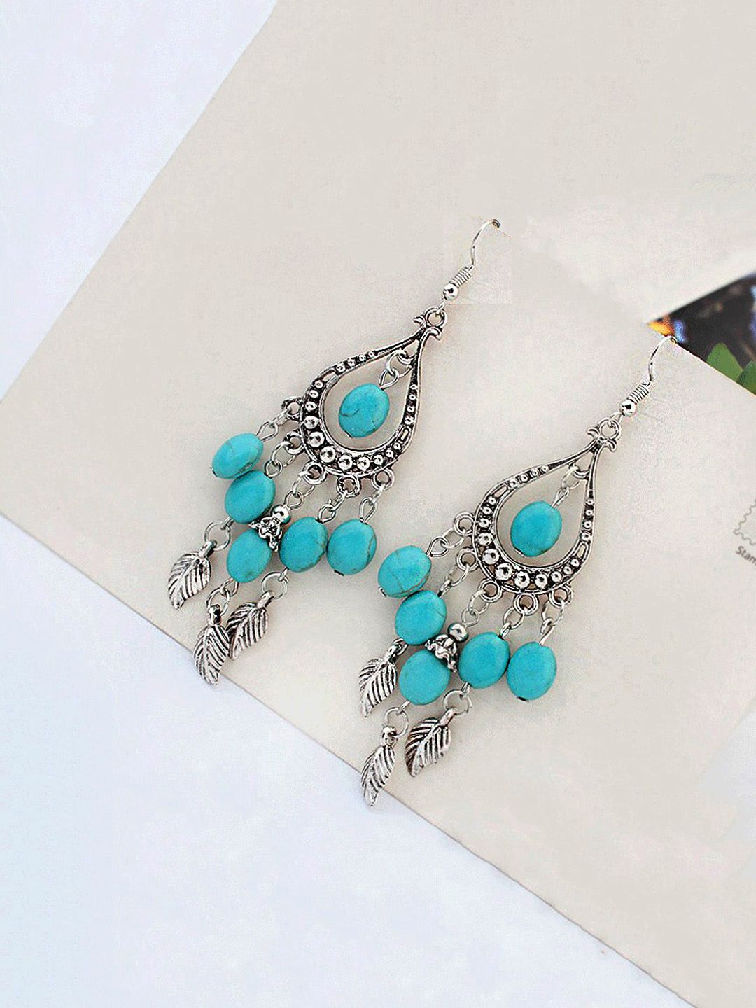 Yellow Chimes Blue & Silver-Toned Square Drop Earrings Price in India