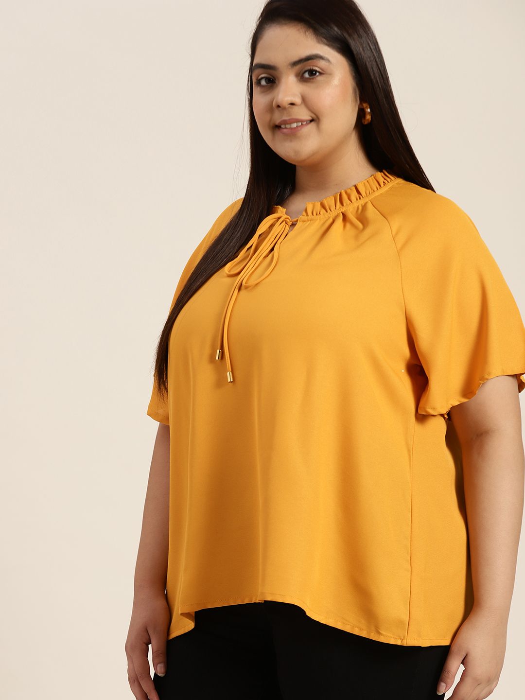 Sztori Women Plus Size Mustard Yellow Tie-Up Neck Ruffles Detail A-Line Top