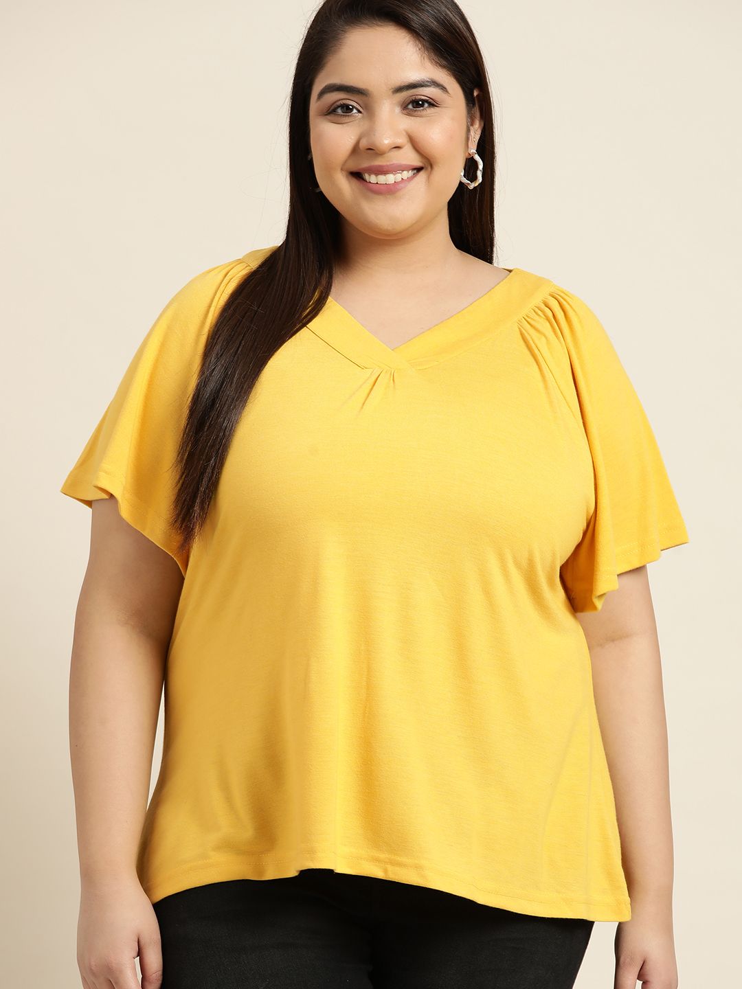 Sztori Women Plus Size Yellow Solid Top