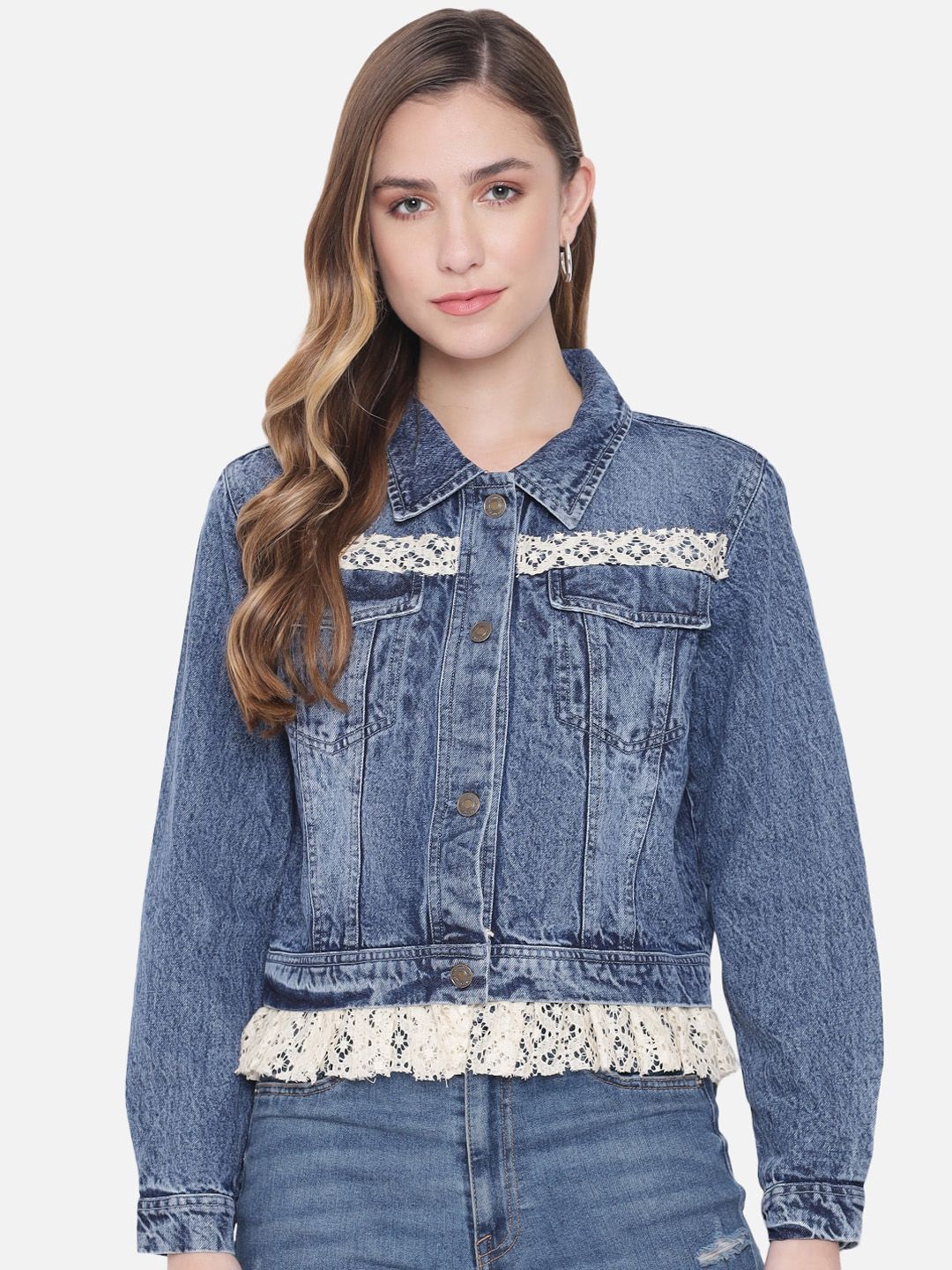 Orchid Blues Women Blue Pure Cotton Lace Washed Denim Jacket Price in India