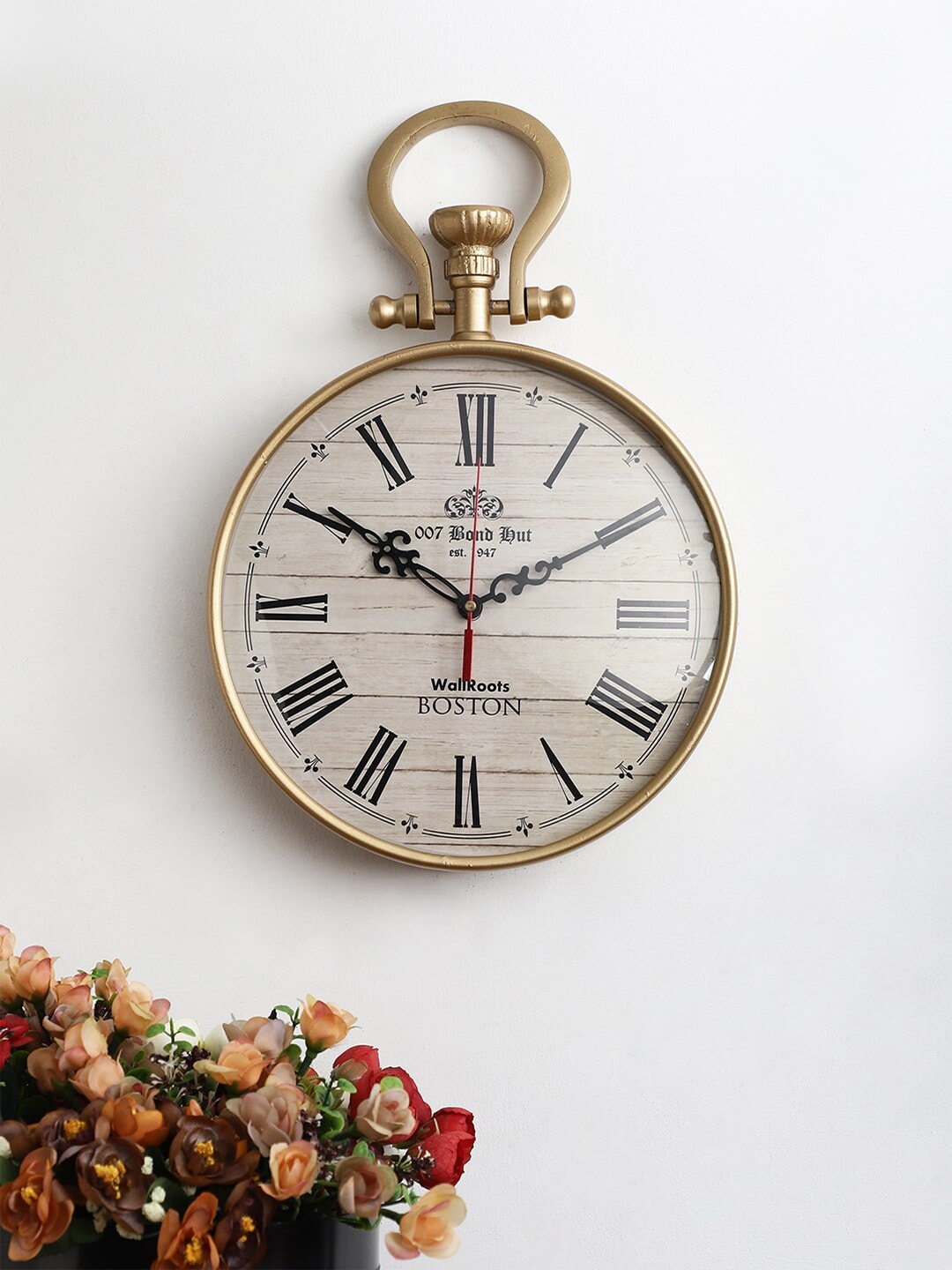 EXIM DECOR Gold-Toned & Beige Traditional Wall Roots Boston Wall Clock 36.83 cm Price in India
