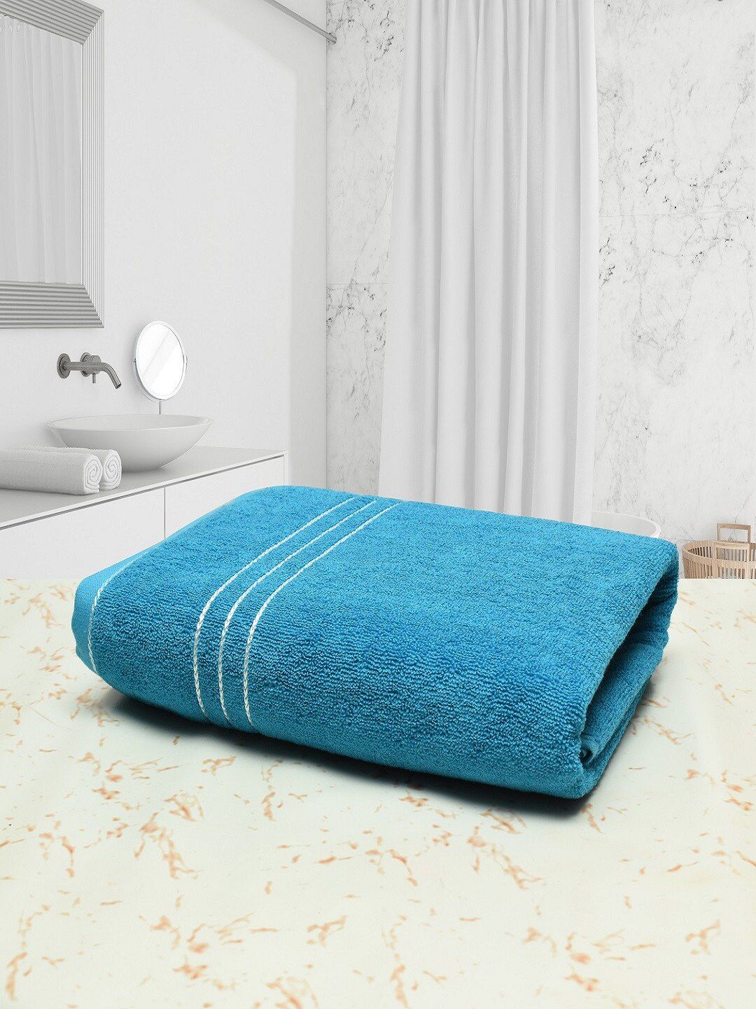 Cotton Bolls Textiles Blue & White Solid 400 GSM Cotton Bath Towel Price in India