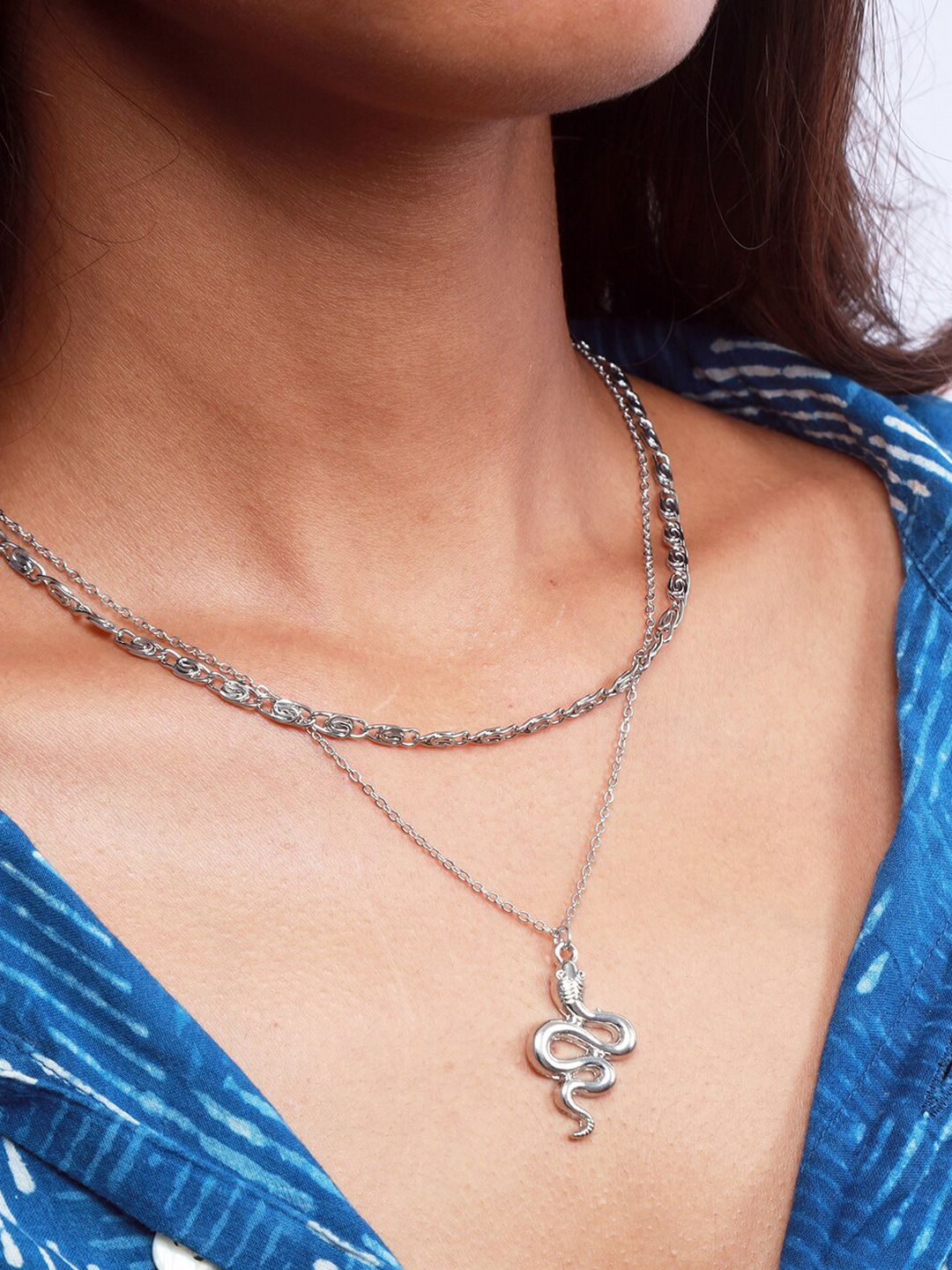 Ayesha Silver-Toned Silver-Plated Snake Pendant Snail Chain-link Layered Necklace Price in India