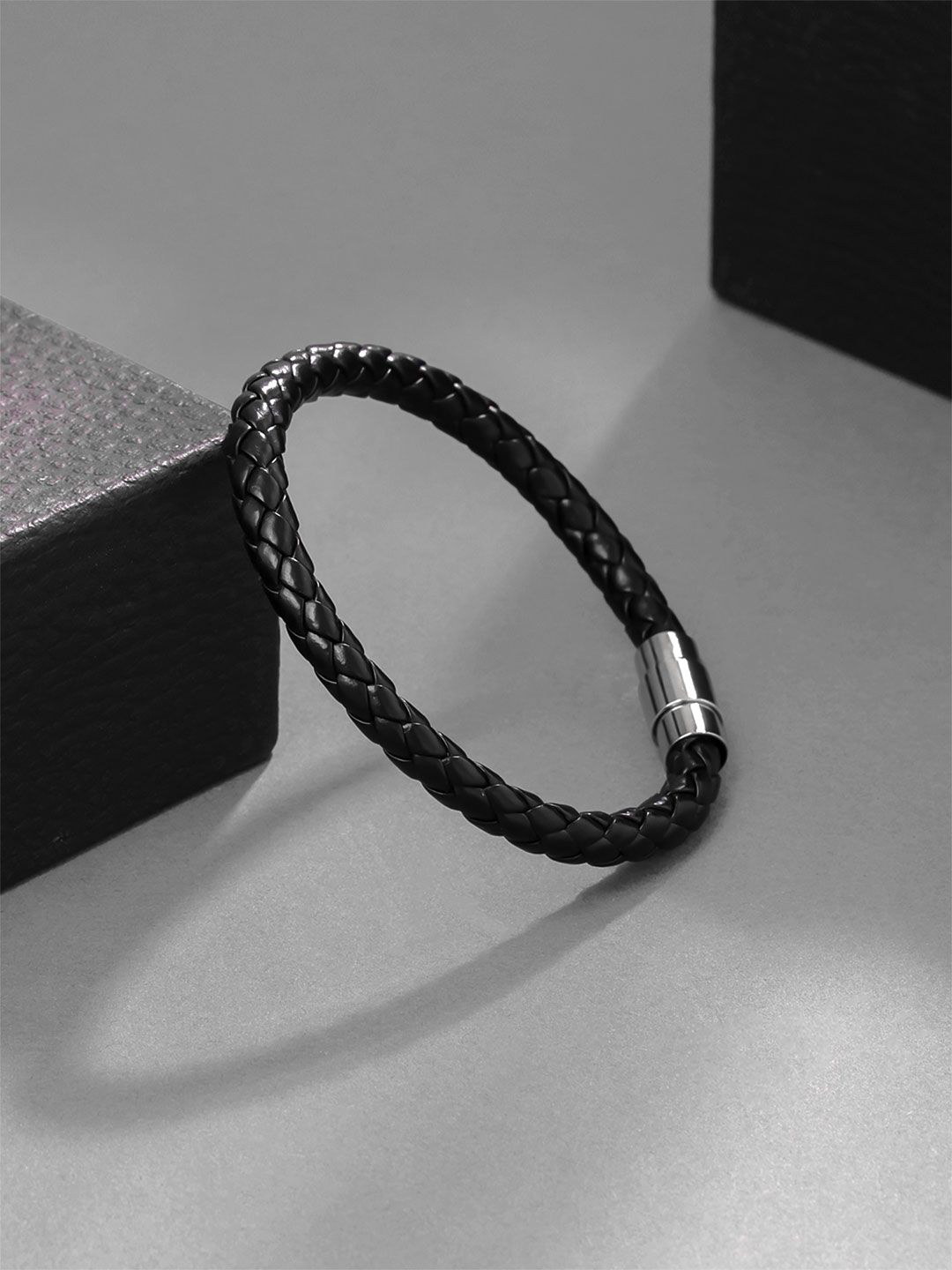 Yellow Chimes Men Black Leather Strand Bracelet