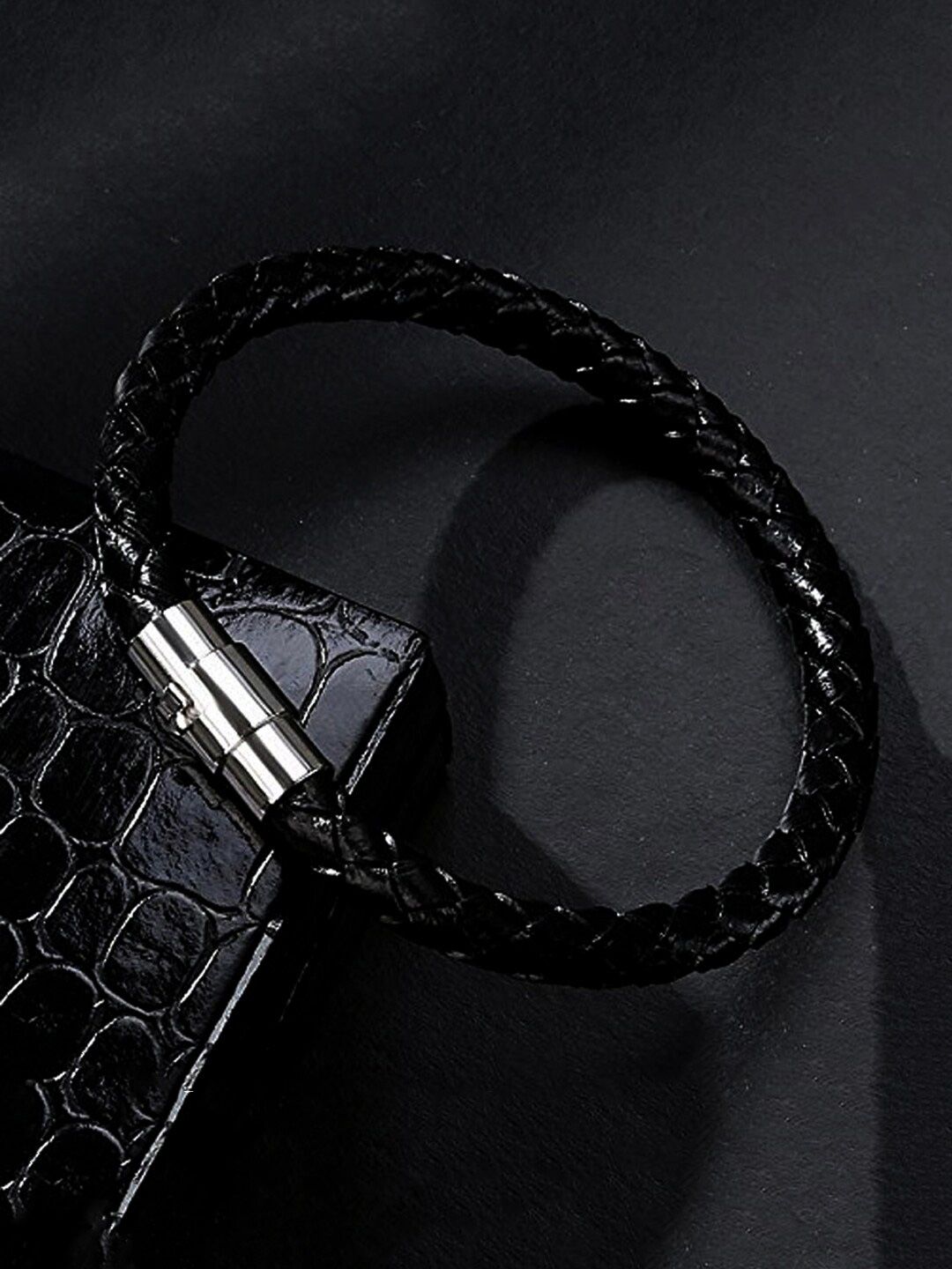 Yellow Chimes Women Black & Steel Leather Wraparound Bracelet Price in India