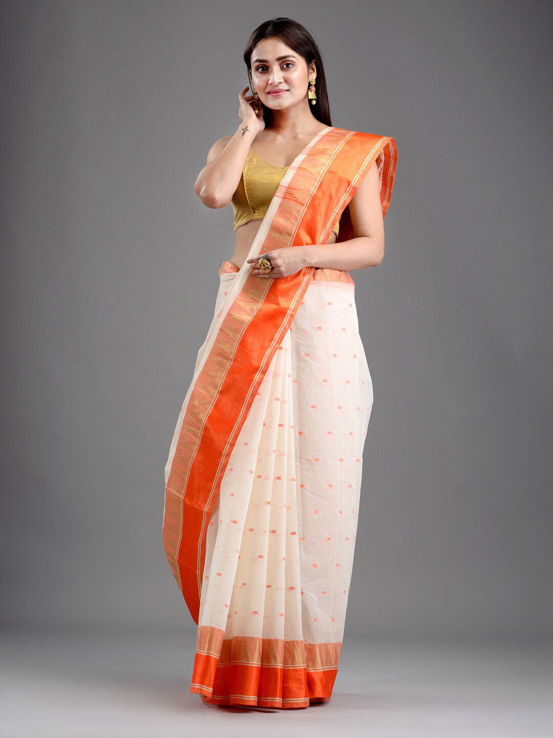 Mitera Women Off White Woven Design Pure Cotton Saree Price in India