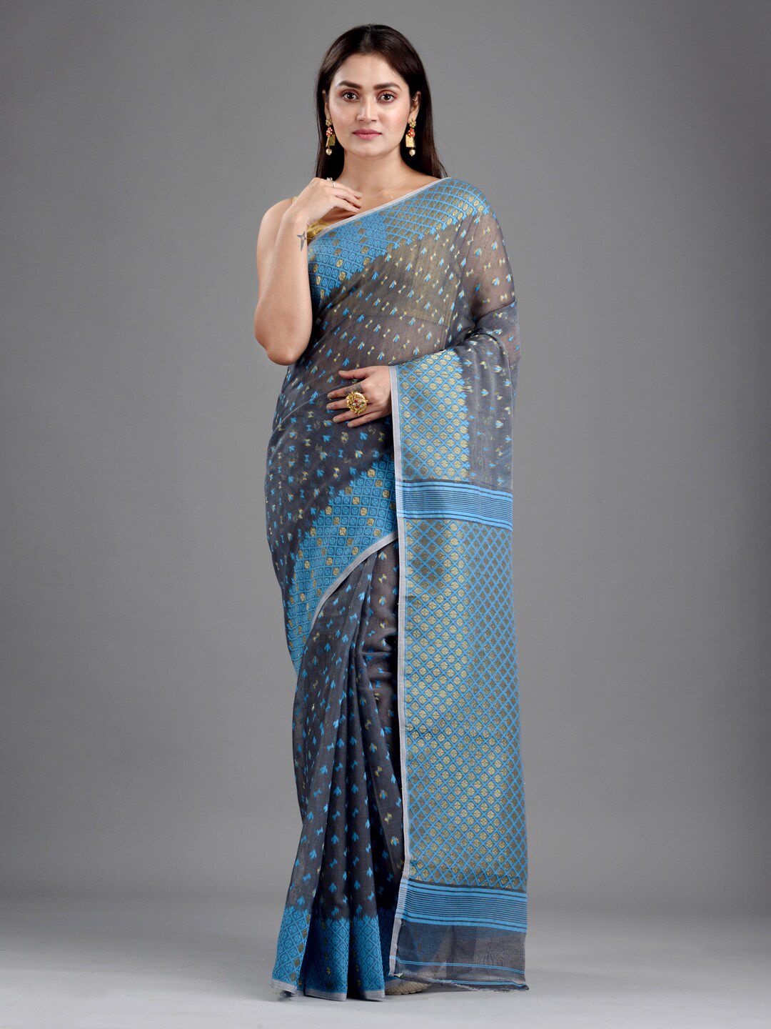 Mitera Grey & Blue Silk Cotton Jamdani Saree Price in India