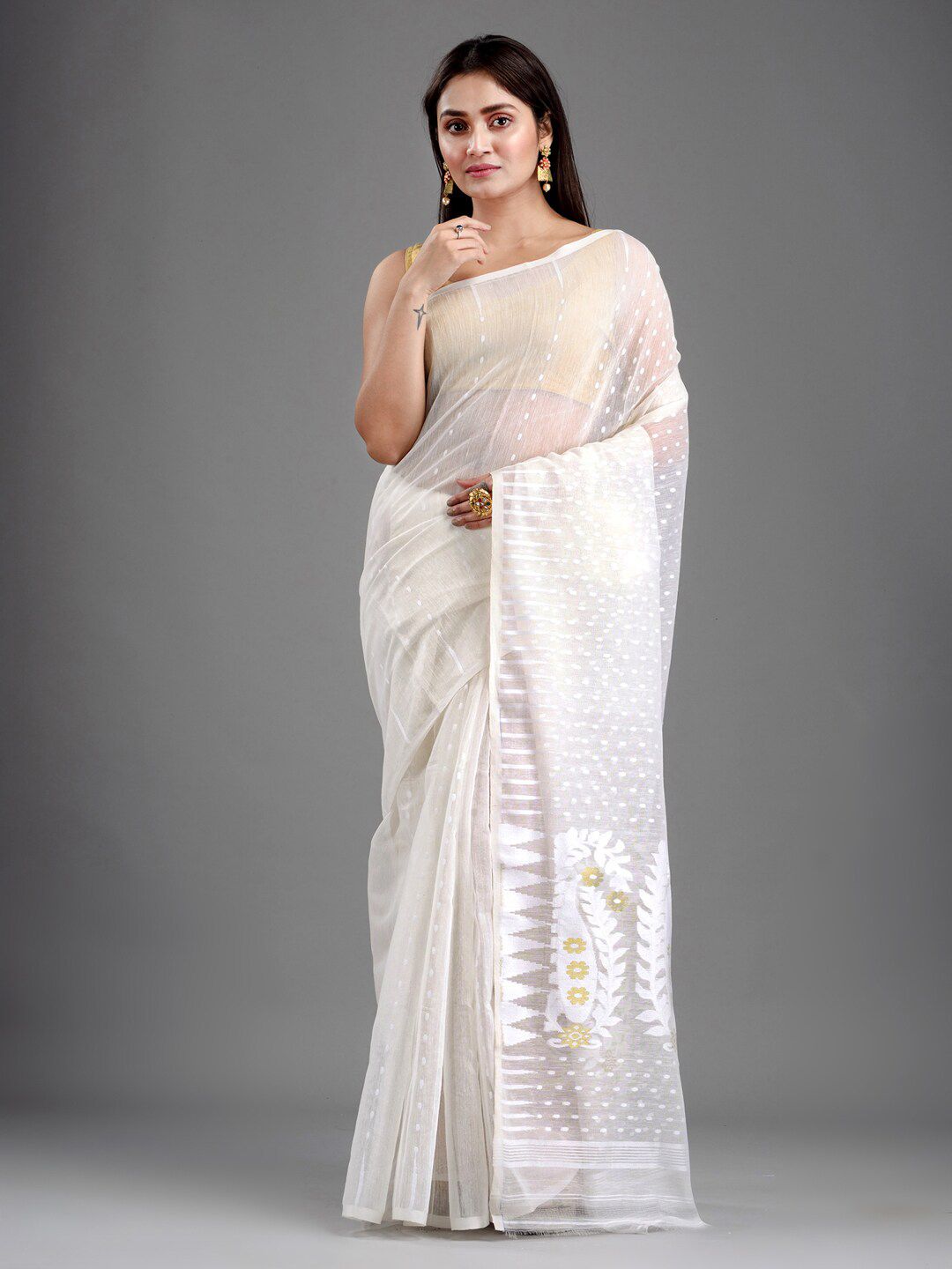 Mitera Women White Woven Design Silk Cotton Saree Price in India