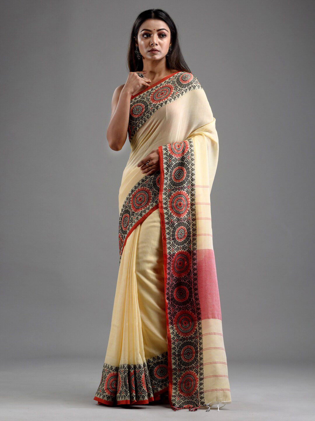 Mitera Beige & Pink Pure Cotton Saree Price in India