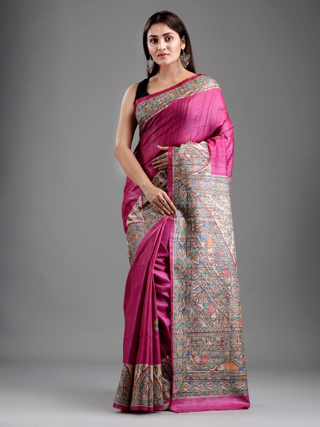 Mitera Magenta & Blue Floral Pure Silk Saree Price in India