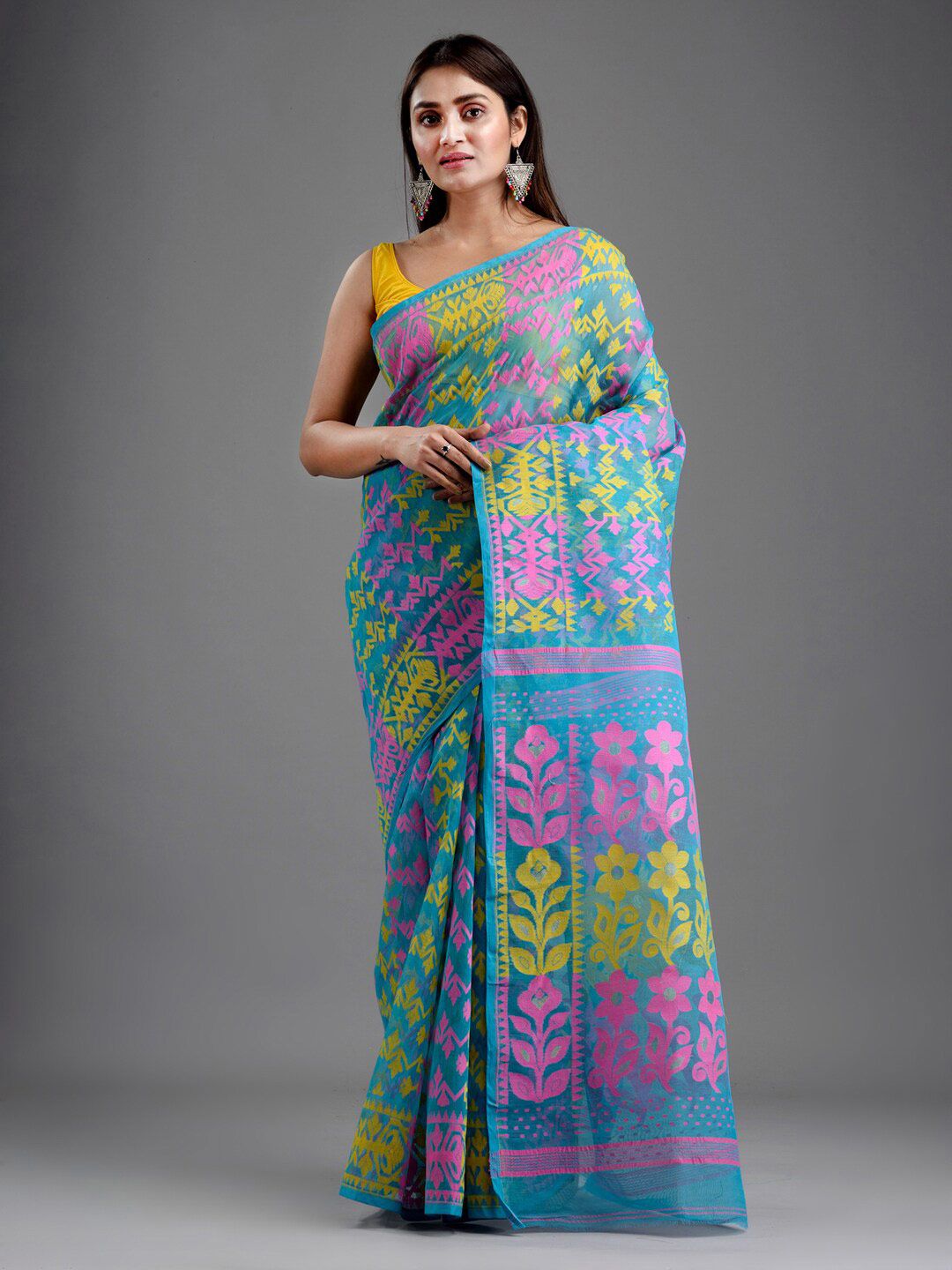 Mitera Turquoise Blue & Fuchsia Ethnic Motifs Silk Cotton Jamdani Saree Price in India