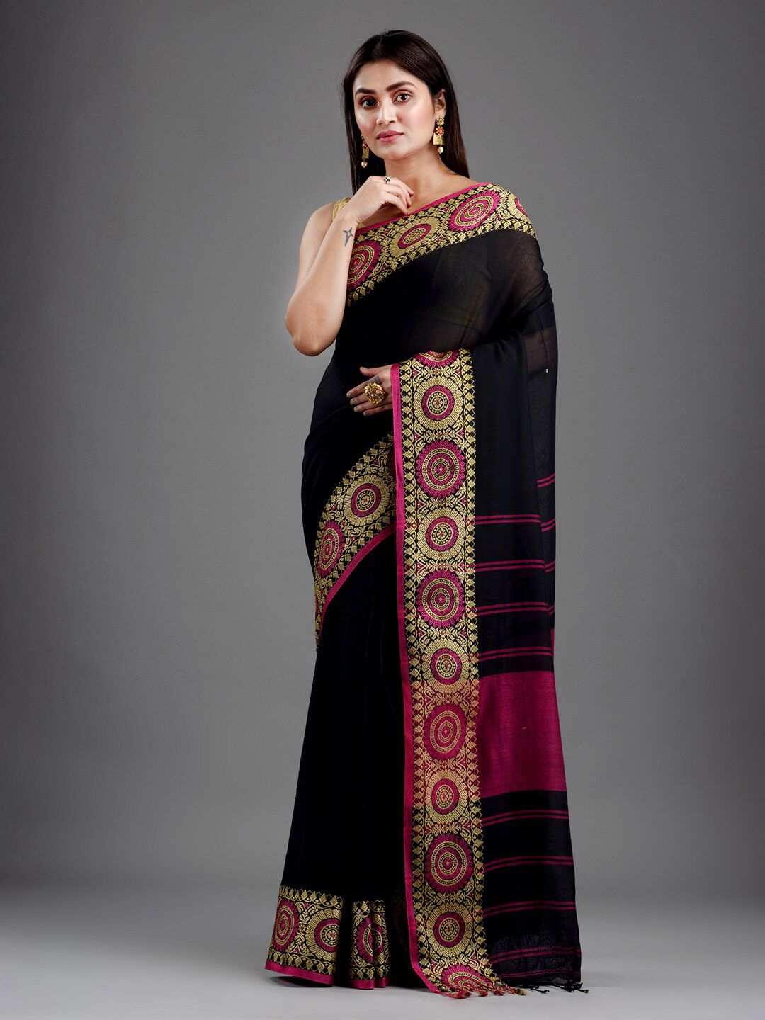 Mitera Black & Magenta Pure Cotton Saree Price in India