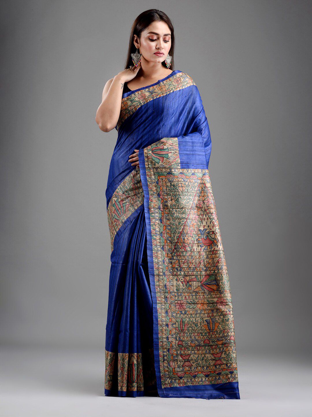 Mitera Blue & Green Floral Pure Silk Saree Price in India