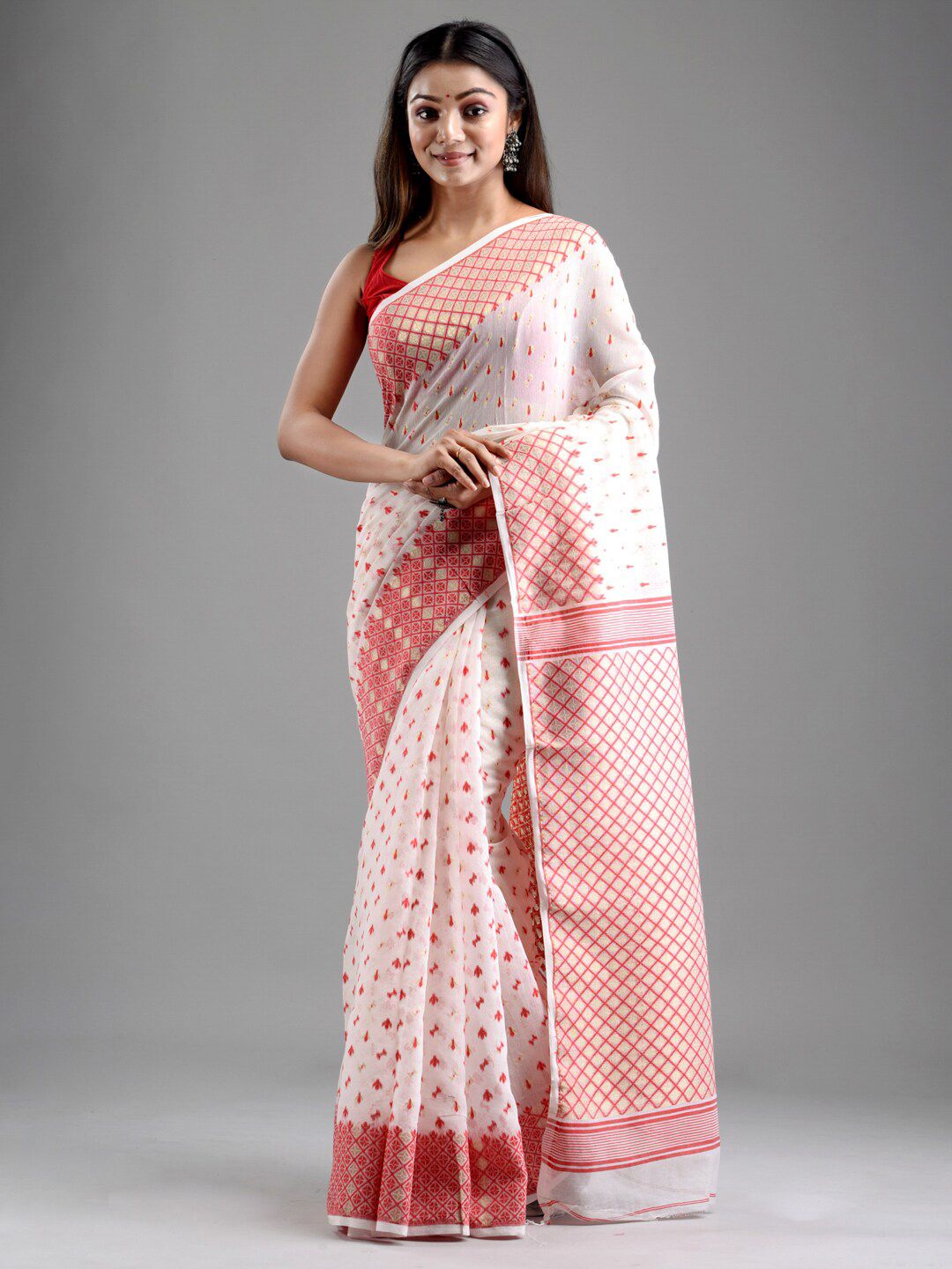 Mitera Off White & Red Woven Design Silk Cotton Jamdani Saree