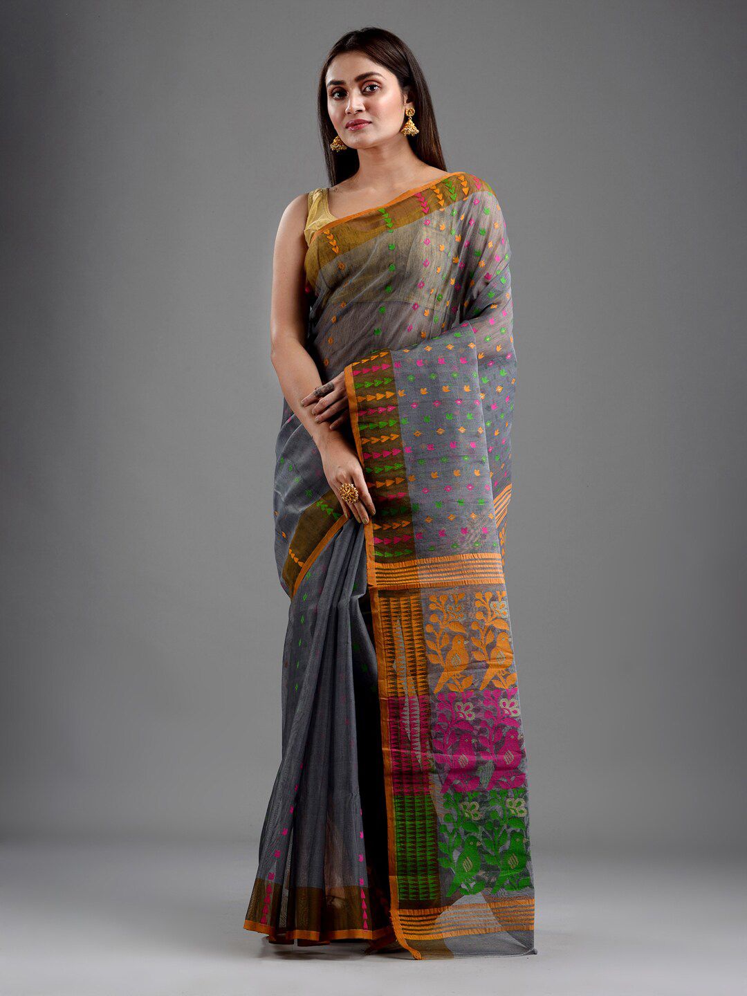 Mitera Grey & Orange Ethnic Motifs Handloom Silk Cotton Jamdani Saree Price in India