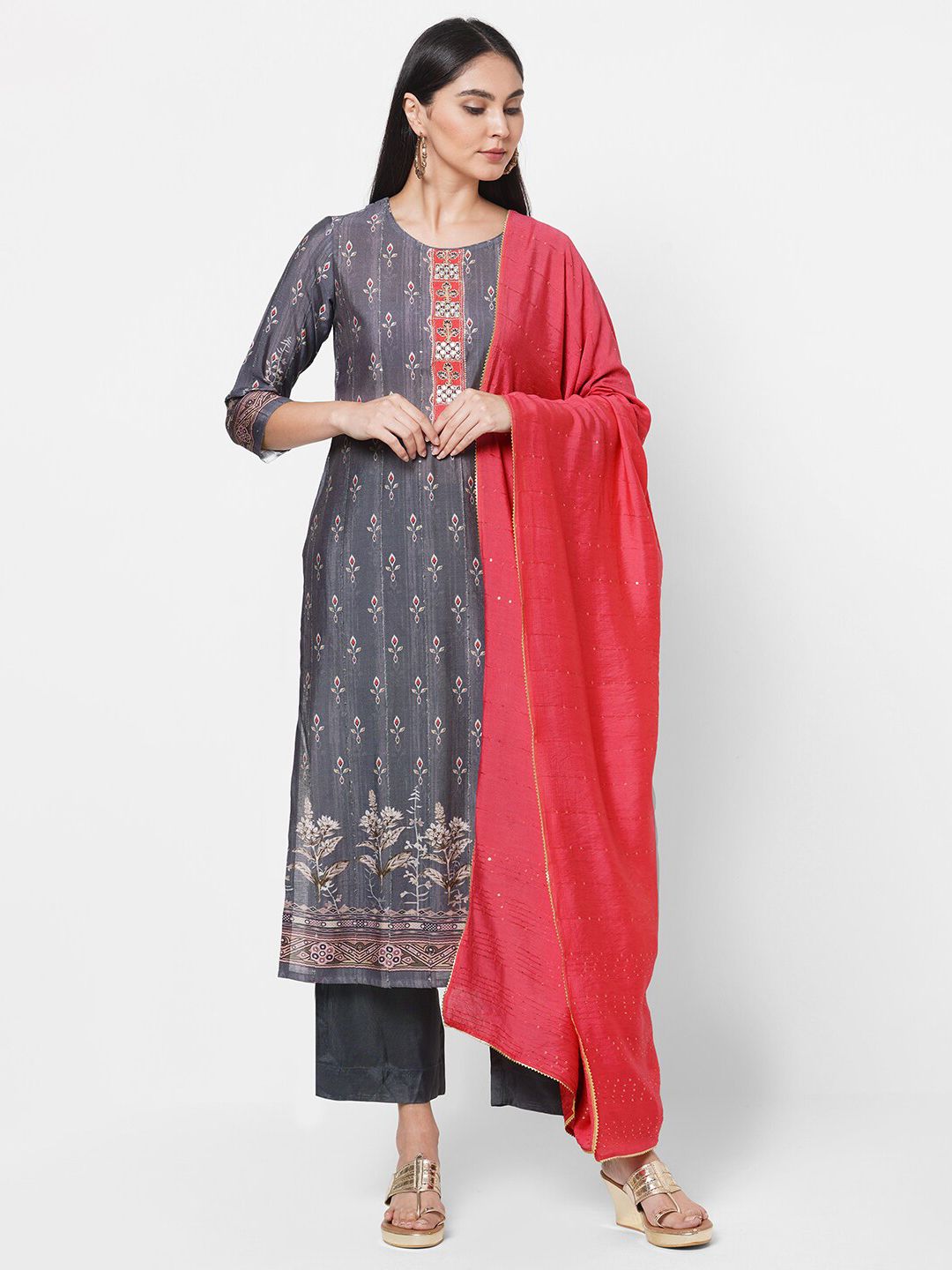 KAMI KUBI Grey & Fuchsia Printed Art Silk Semi-Stitched Dress Material Price in India