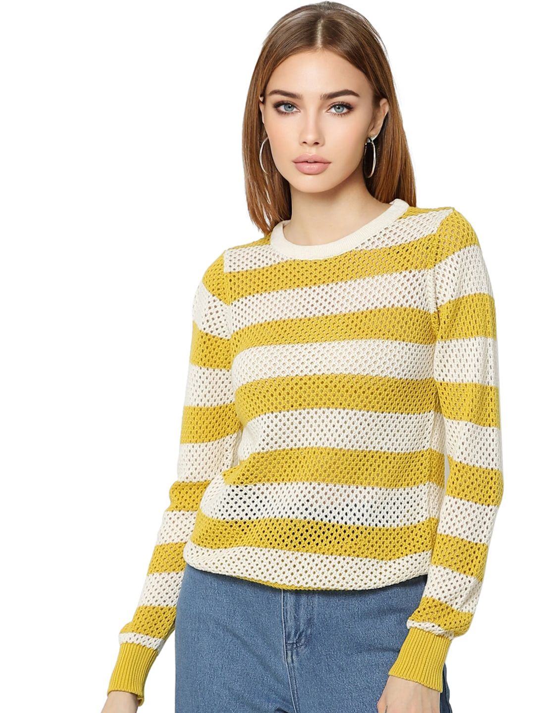 ONLY Women Beige & Yellow Striped Cotton Pullover Price in India