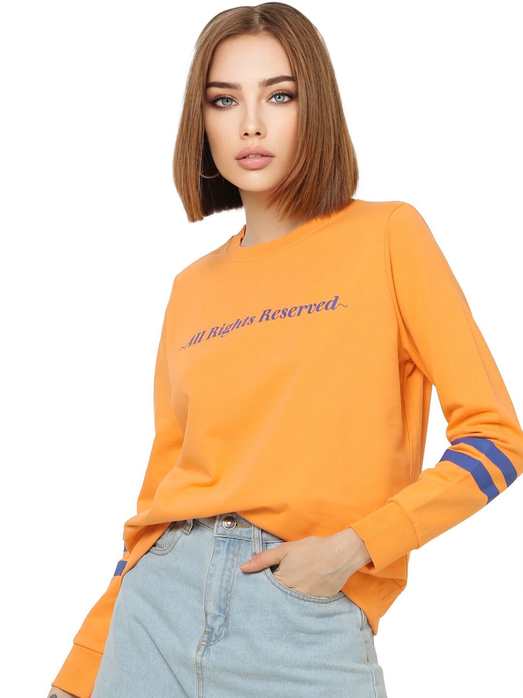 ONLY Women Orange Printed Cotton Sweatshirt Price in India