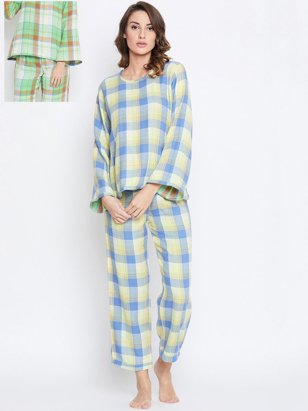 The Kaftan Company Women Blue & White Checked Reversible Night suit Price in India