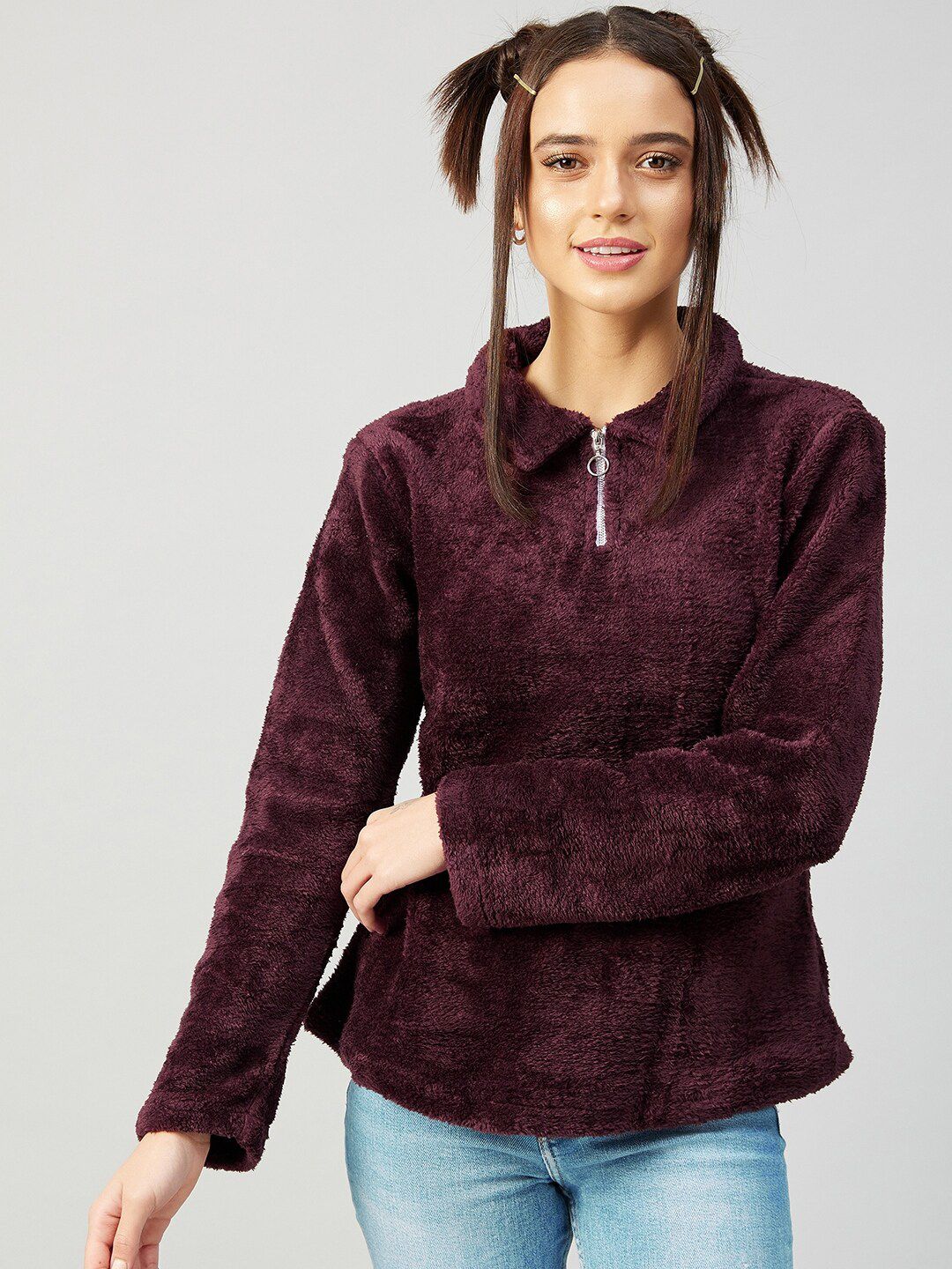 Athena Women Burgundy Solid Spread Collar Sweatshirt Price in India