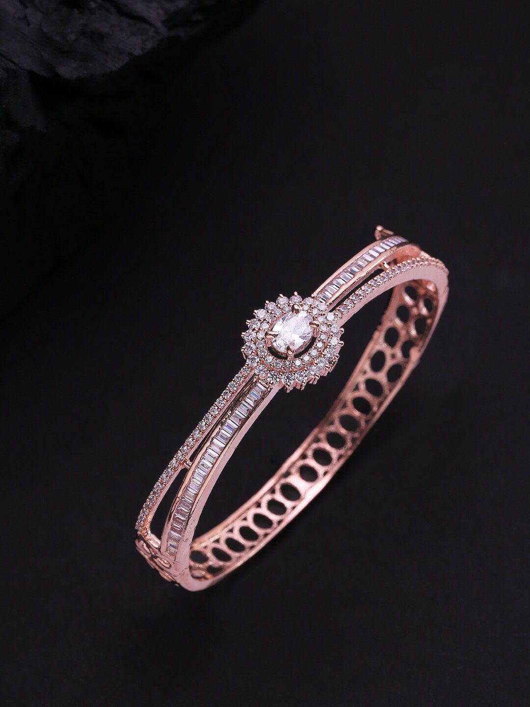 Priyaasi Women Rose Gold & White Brass American Diamond Handcrafted Rose Gold-Plated Bangle-Style Bracelet Price in India