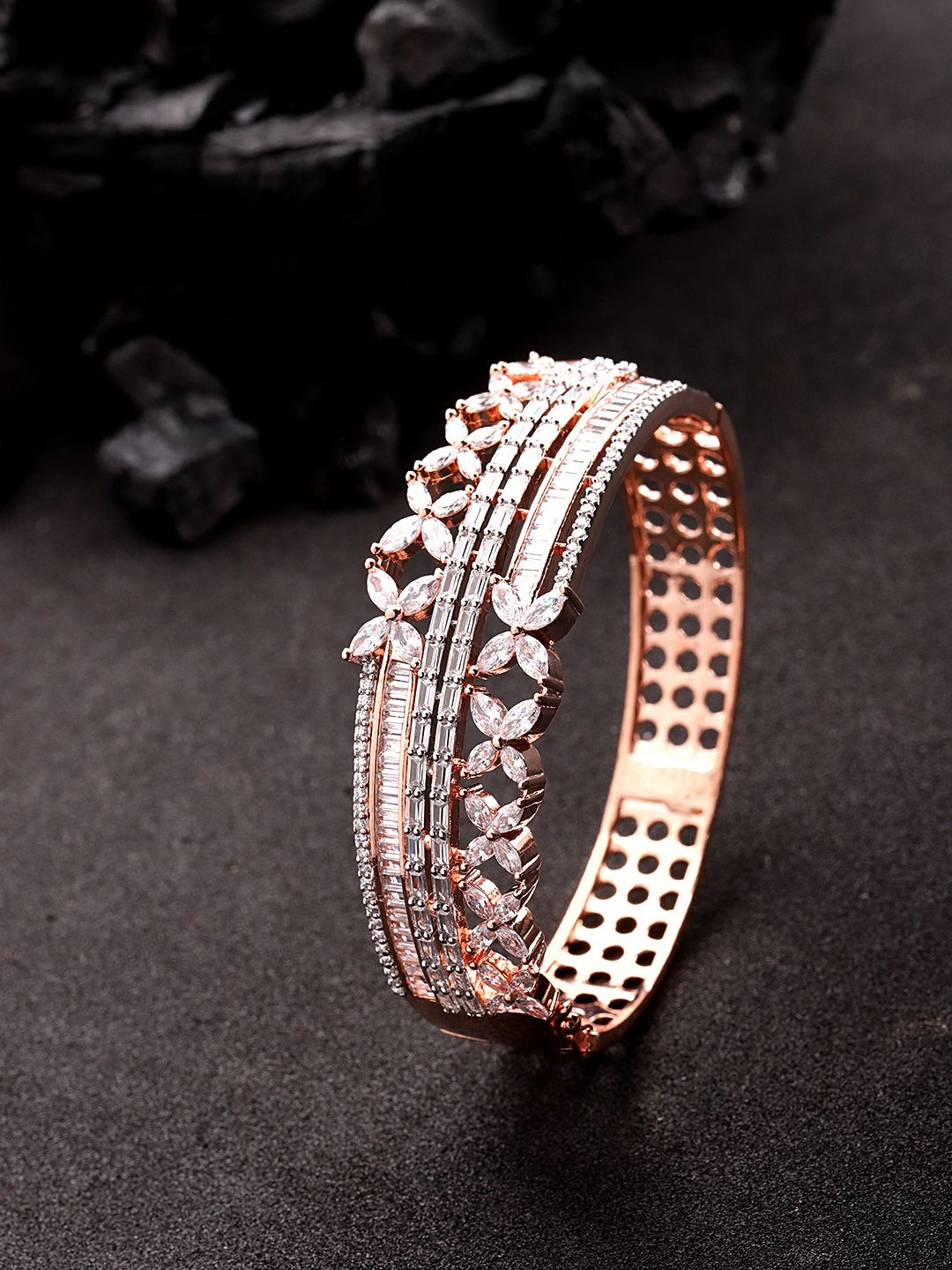 Priyaasi Women Rose Gold Brass American Diamond Handcrafted Rose Gold-Plated Bangle-Style Bracelet Price in India