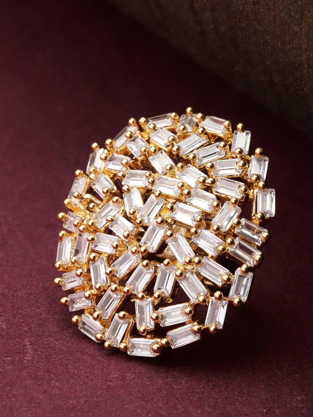 Priyaasi Woman Gold-Plated White American Diamond Studded Adjustable Finger Ring Price in India