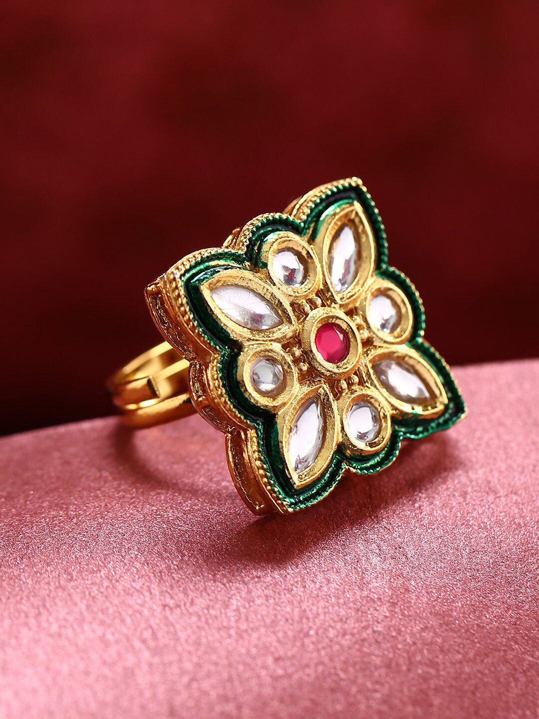 Priyaasi Gold-Plated White & Pink Kundan & Ruby-Studded Adjustable Floral Finger Ring Price in India