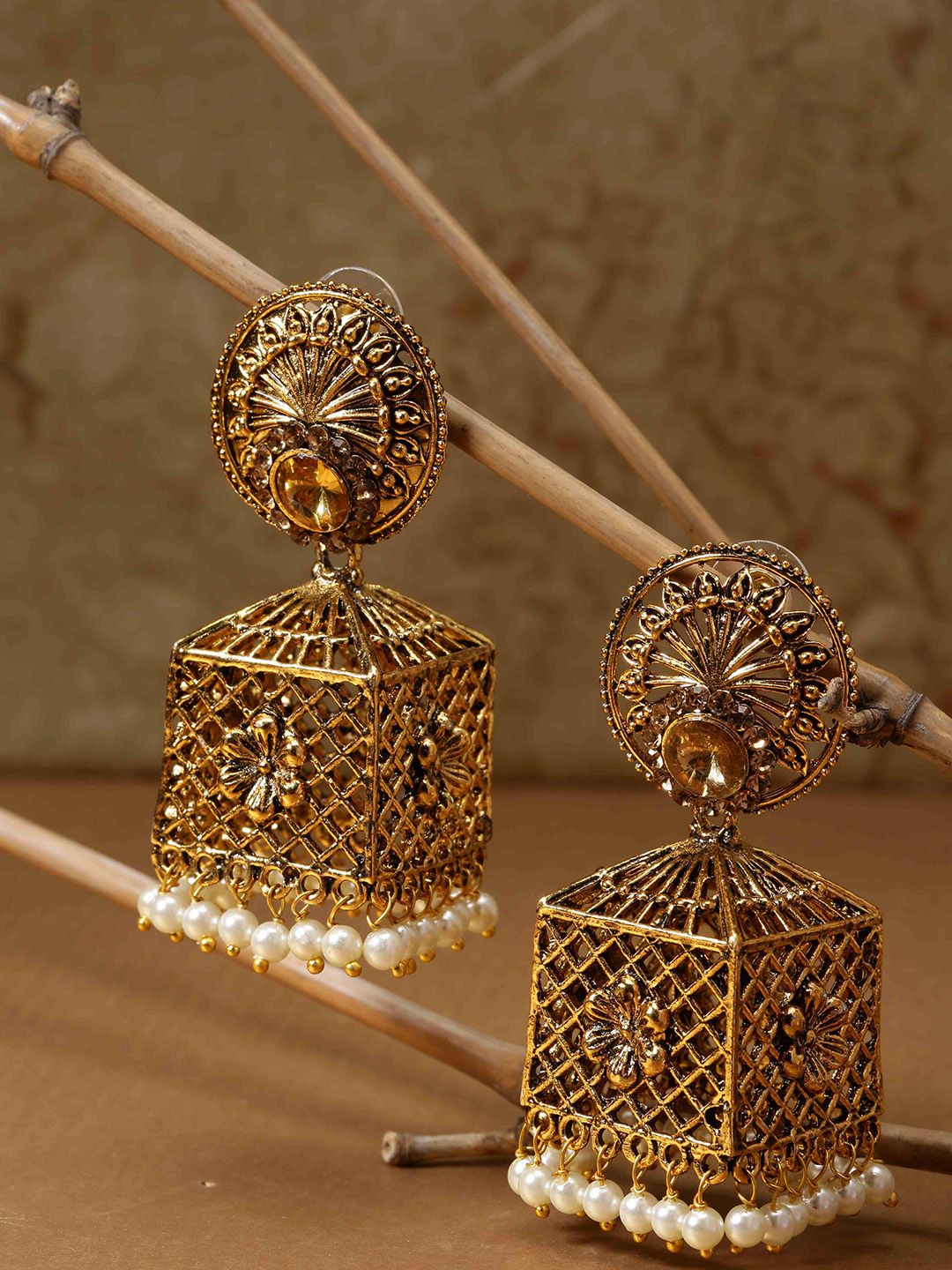 Priyaasi Gold-Plated & White Square Jhumkas Price in India