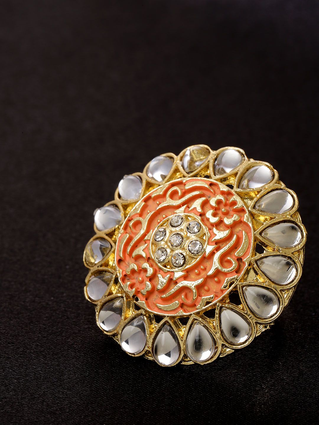 Priyaasi Peach-Coloured & White Gold-Plated Kundan-Studded Meenakari Finger Ring Price in India