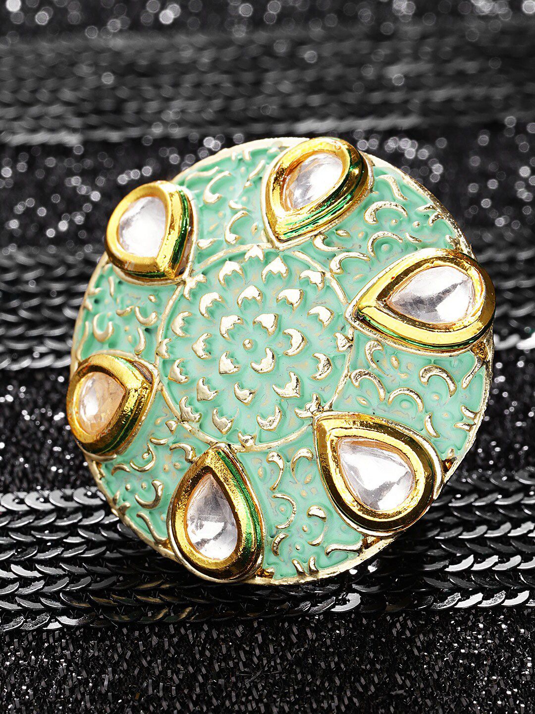 Priyaasi Gold-Plated White & Green Kundan-Studded Adjustable Meenakari Finger Ring Price in India